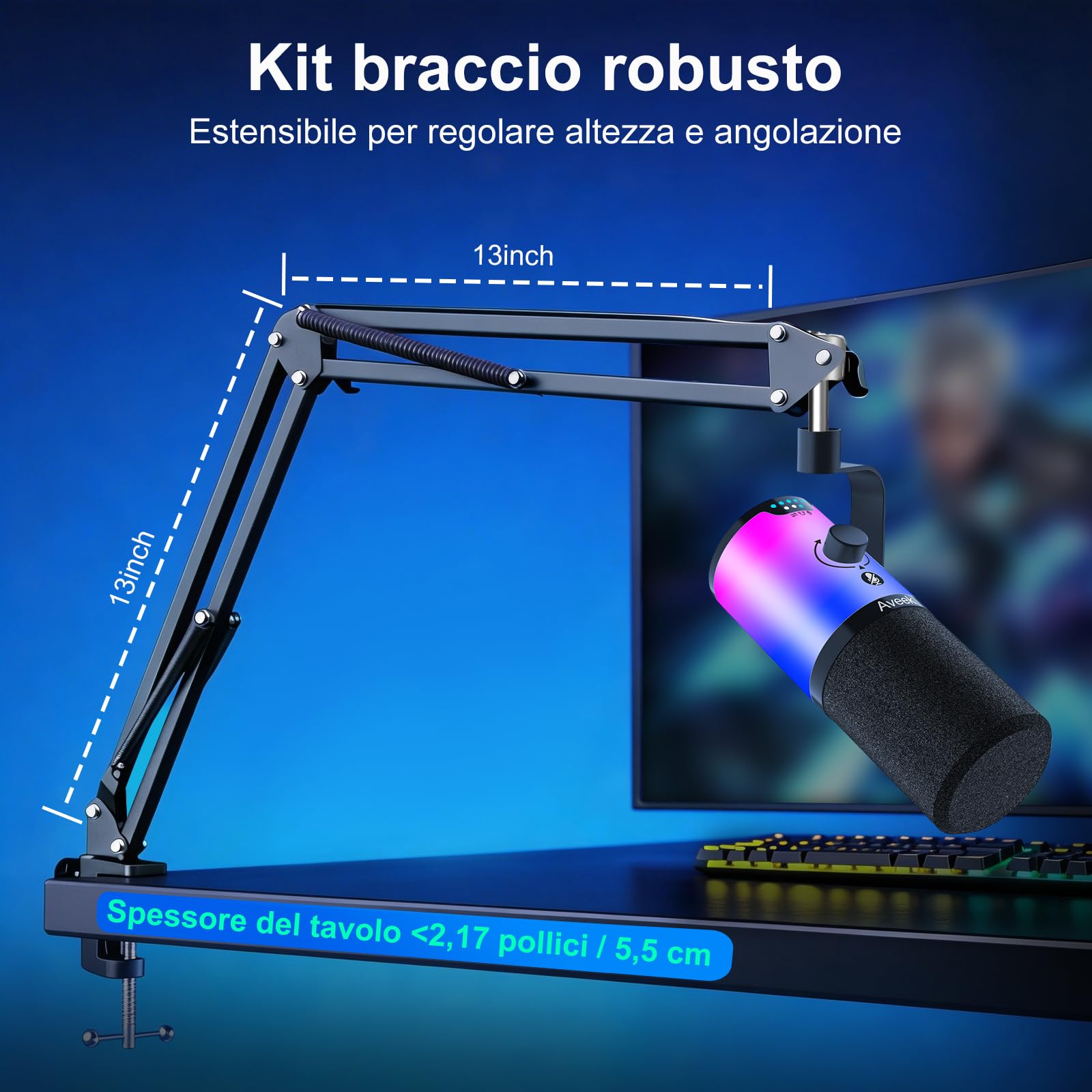 Aveek Microfono Dinamico USB/XLR con Braccio per Gaming & Streaming | Illuminazione RGB, Riduzione del Rumore, Mute One-Touch, Monitor Mix e Jack Cuffie per PC & PS5