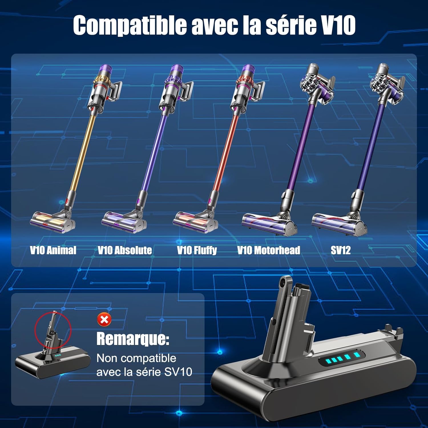 Batterie pour Dyson V10, Batterie de Remplacement Compatible avec V10 Animal Absolute Fluffy Motorhead SV12 Aspirateur