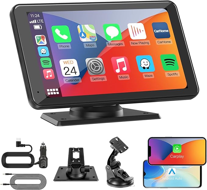KAXRUO Portable Wireless CarPlay Android Auto Screen - Car Stereo 7" HD Touchscreen Radio CarPlay Screen for Car Fits Apple&Android, Car Audio Receivers with Bluetooth/AUX/FM/Voice Control