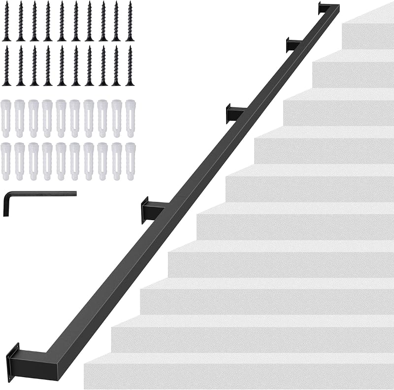 12FT Square Tube Black Handrail for Indoor Stair | 500LBS Load Capcity Wall Mount Iron Stair Hand Rail for Child,Seniors,Pregnant,Non-Slip Outdoor Stair Rail,4 Section