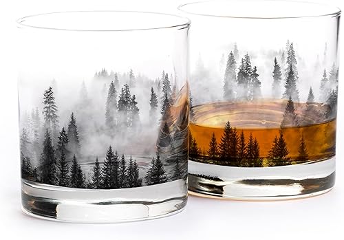 Vista 11 de Black Lantern Single Whiskey Glass - Forest Landscape- 11oz. Low Baller Tumbler Solid Base - Bourbon Glass - Cocktail & Everyday Use Drinking