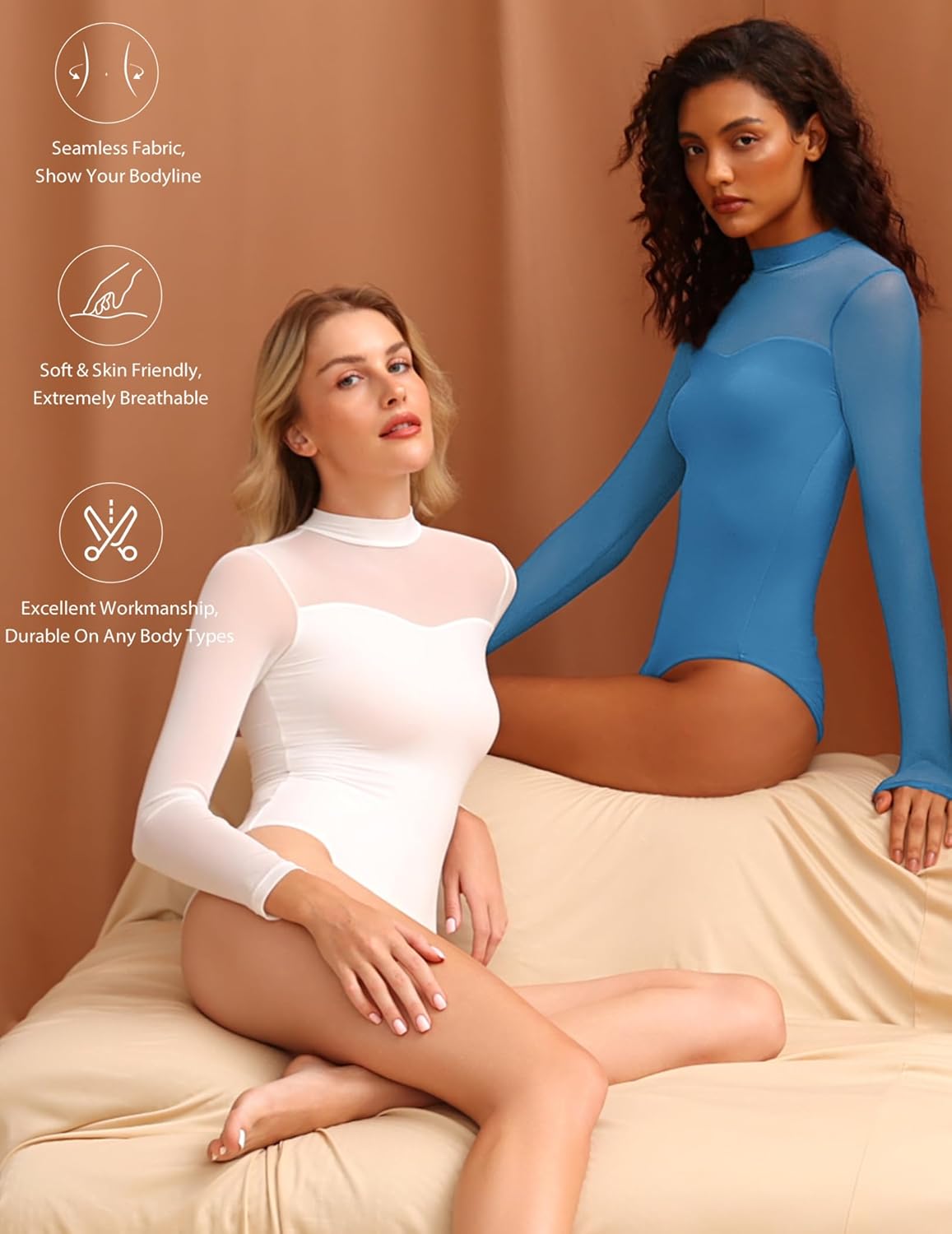 Avidlove Long Sleeve Bodysuits for Women Mock Neck Sheer Mesh Sleeve Bodysuit Double Lined Leotards Shirt Going Out Top - Image 2