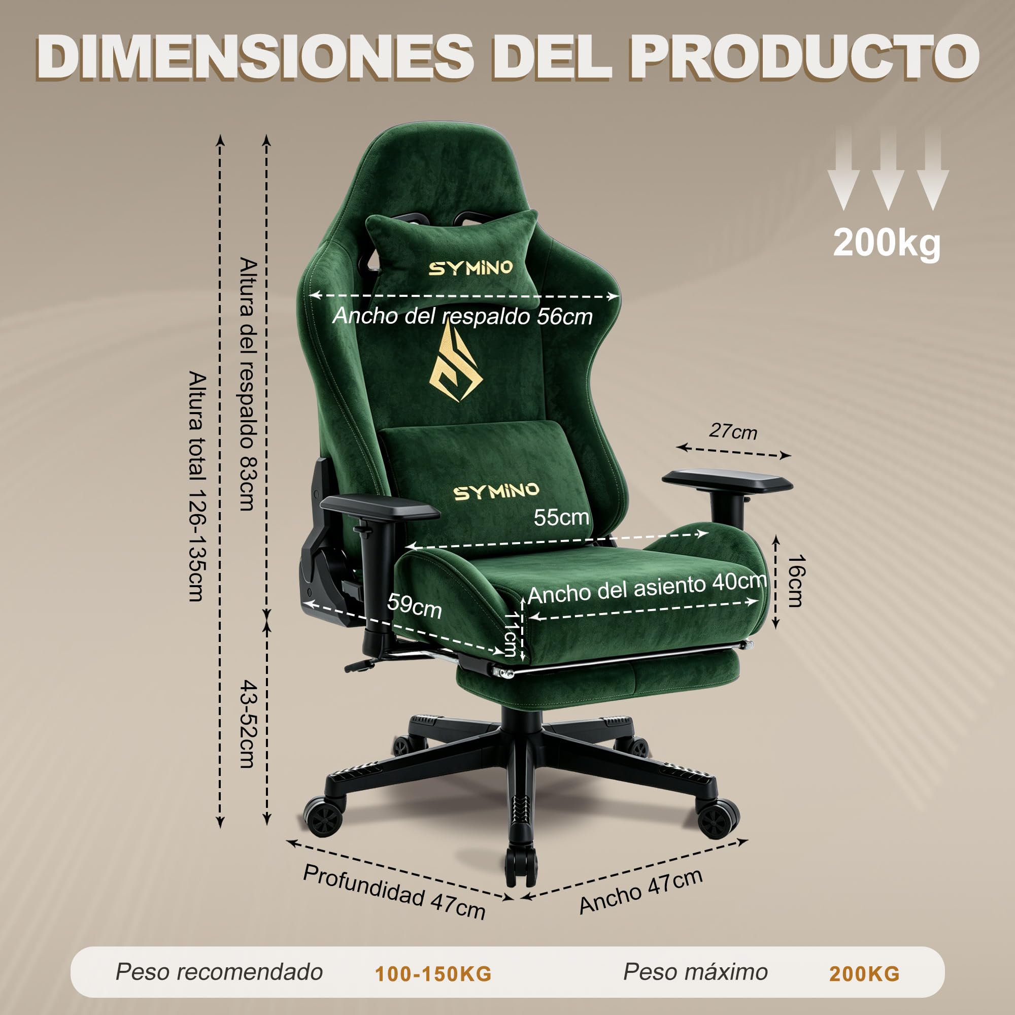 Symino Silla Gaming Ergonómica con Reposapiés, 150° Reclinable: Soporte Lumbar y Reposacabezas Regulable, Ajustable en Altura, Soporta hasta 200kg (Green)