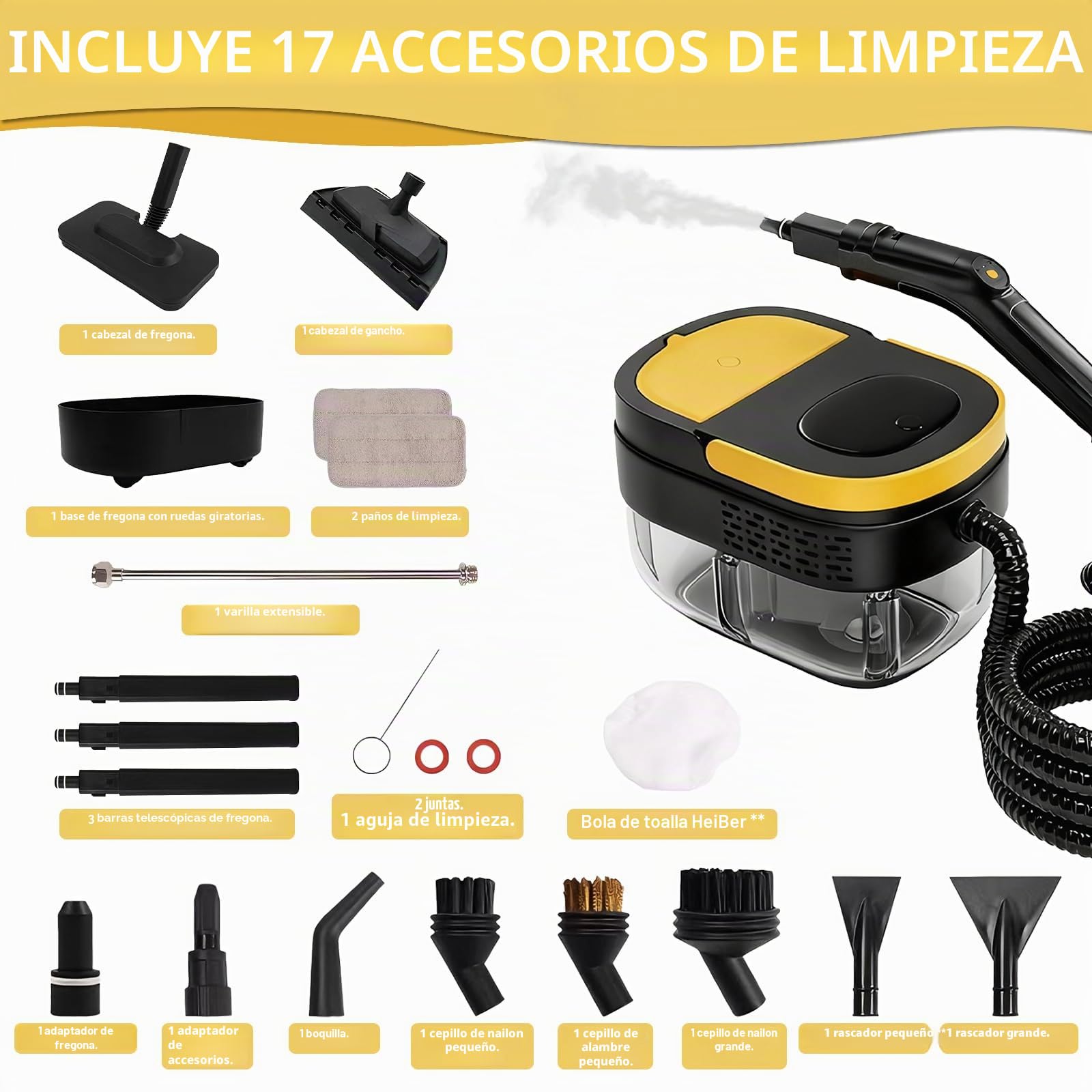 Limpiador a Vapor Portátil, 2500W Potente Limpiador a Vapor para el Hogar, 3 Velocidades Ajustables,17 Accesorios, Depósito de Agua de 1600 ml, Presión de 4 Bar, para Cocina, Ventanas, Pisos, Autos