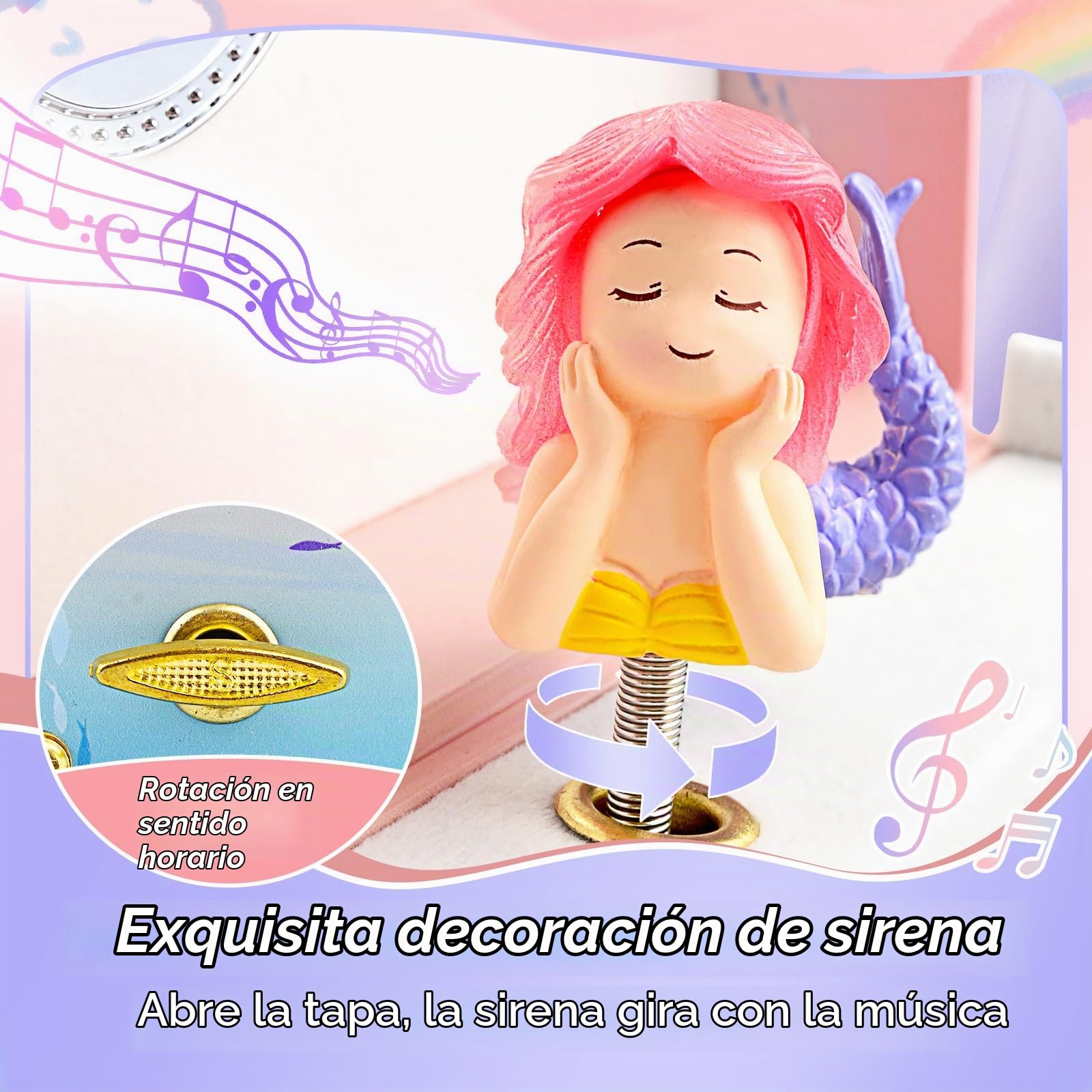 KOMABLEN Sirena Joyero Musical Niña, Caja de Musica con Cajón Extraíble, Caja Musical con Juego de Joyas e 4 Protector Esquinas, Mundo submarino Jewelry Box Regalo de Cumpleaños de 3-10 años