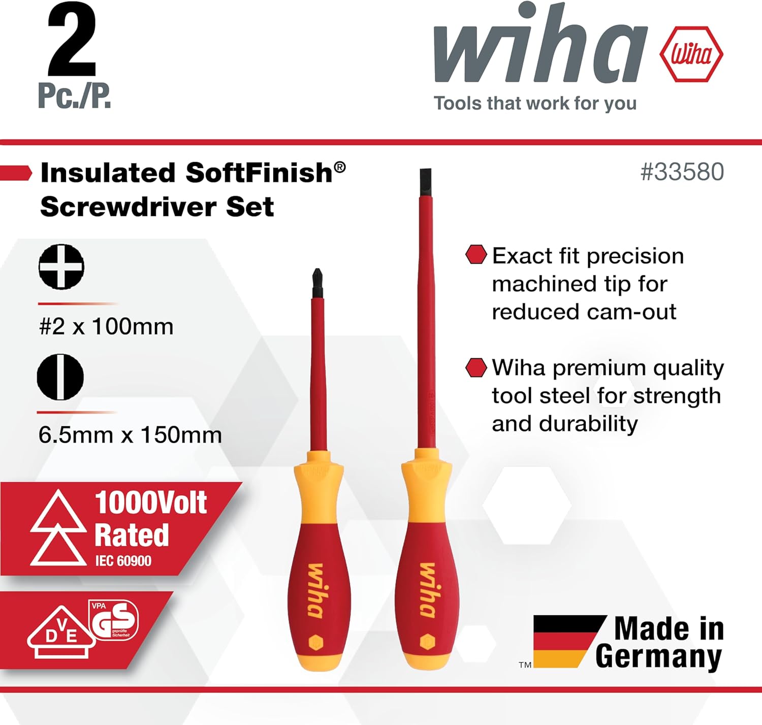 Wiha 33580 2 Piece Insulated SoftFinish Slotted and Phillips Screwdriver Set