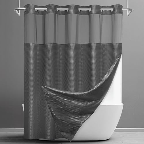 Miniatura 12 de Cortina de ducha sin gancho con forro a presión, cortina de ducha de gofre para baño, tela estilo hotel, forro interior impermeable, 71 pulgadas de