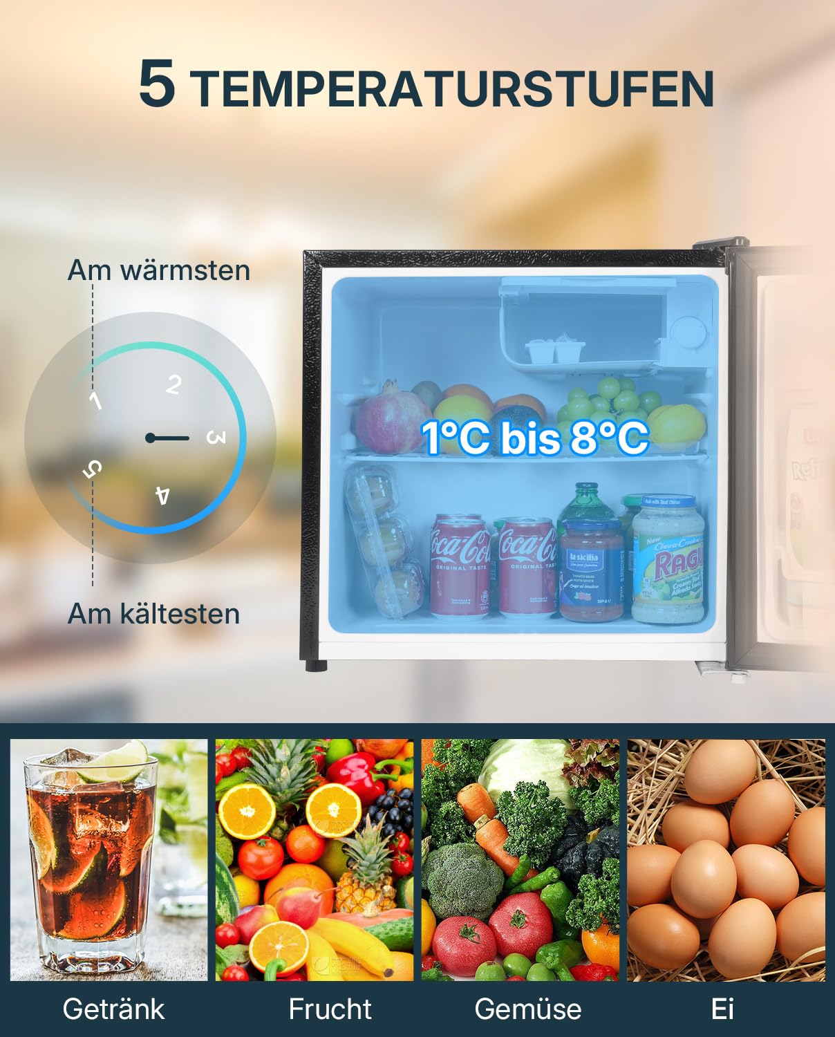 Upstreman Mini Kühlschrank 46L mit Eisfach, Temperaturregelung, Edelstahl