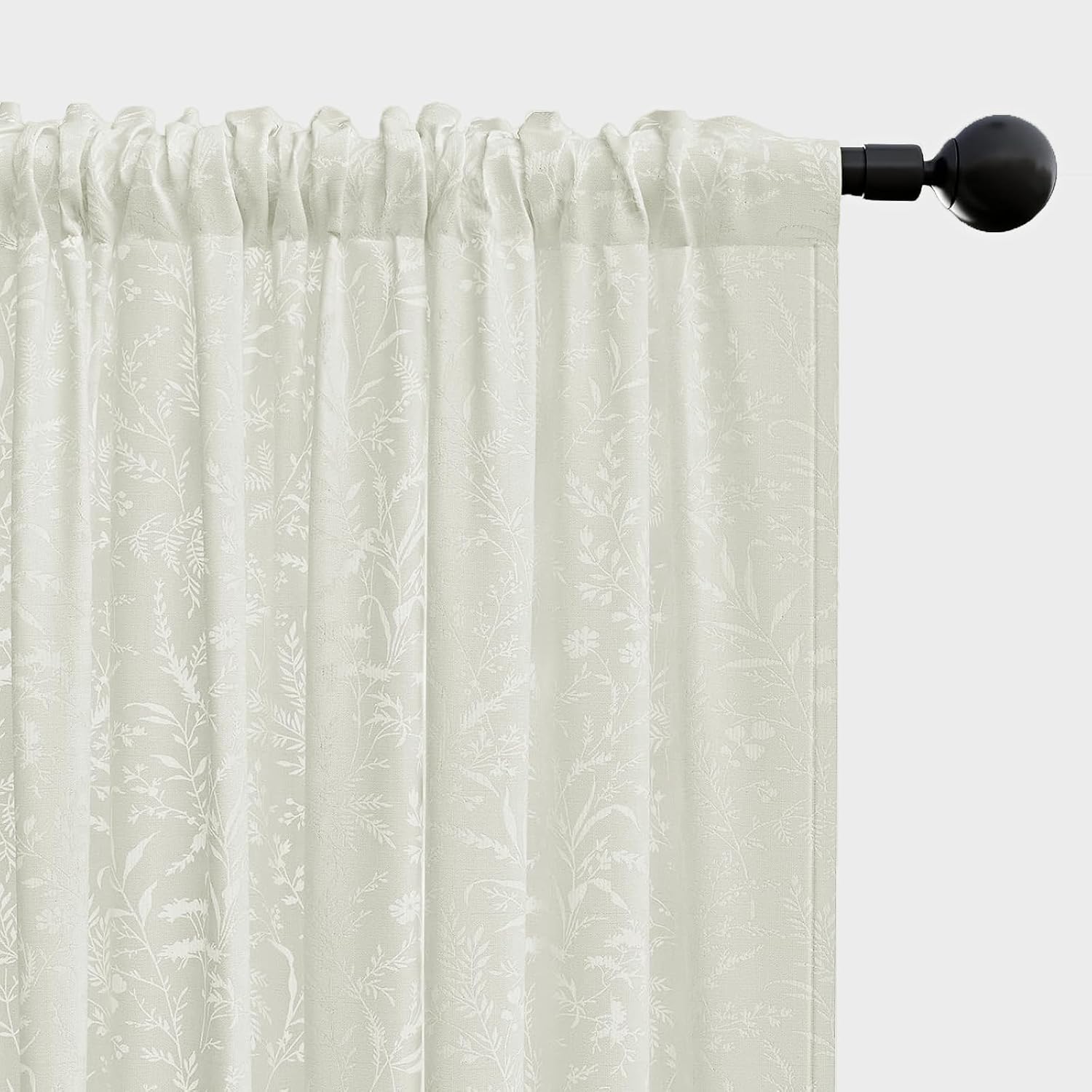 Anmao Cream Semi Sheer Light Filtering Curtains 90 Inches Long 2 Panels, Leaf Pattern Drapes for Living Room Bedroom, Rod Pocket Sheer Window Treatments with Floral Design, 52x90 Inch, Ivory