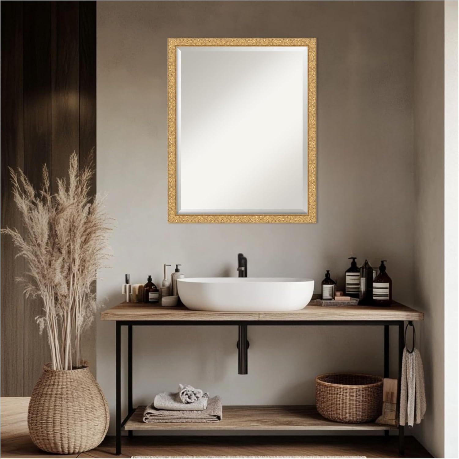 Amanti Art Gold Bathroom Mirror for Over Sink, 24x30 Lila Gold Rectangle Vanity Mirror, Large Traditional Wood Frame, Hangs Horizonally and Vertically, Bathroom Wall Decor, Beveled Edge