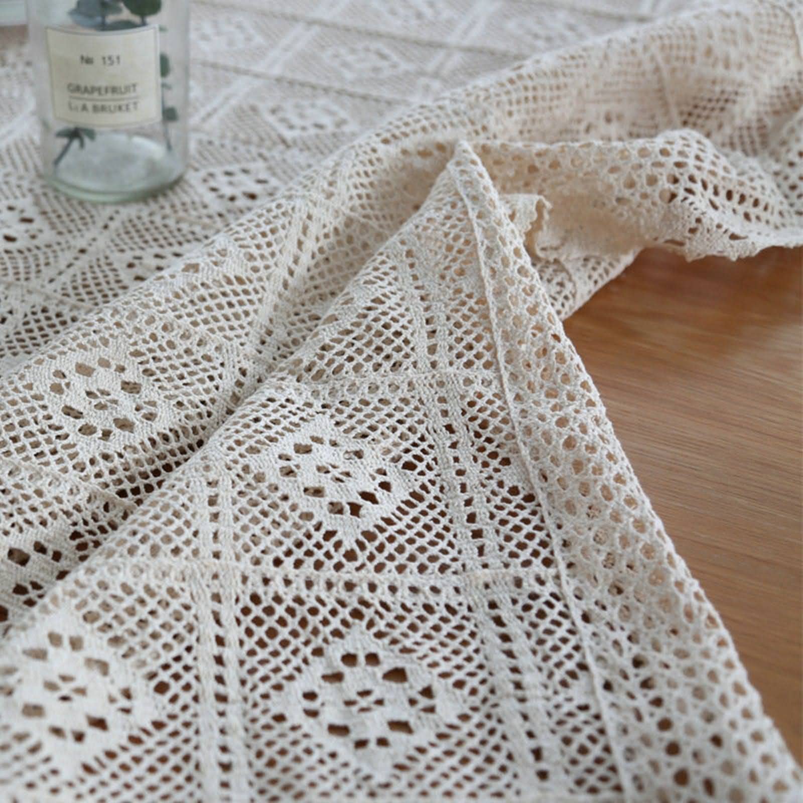 Juego de mantel grande de algodón, 180 x 180 cm, diseño de flores huecas de encaje, desechable, protector de mesa para exteriores, decoración de mesa con clips para fiestas y eventos