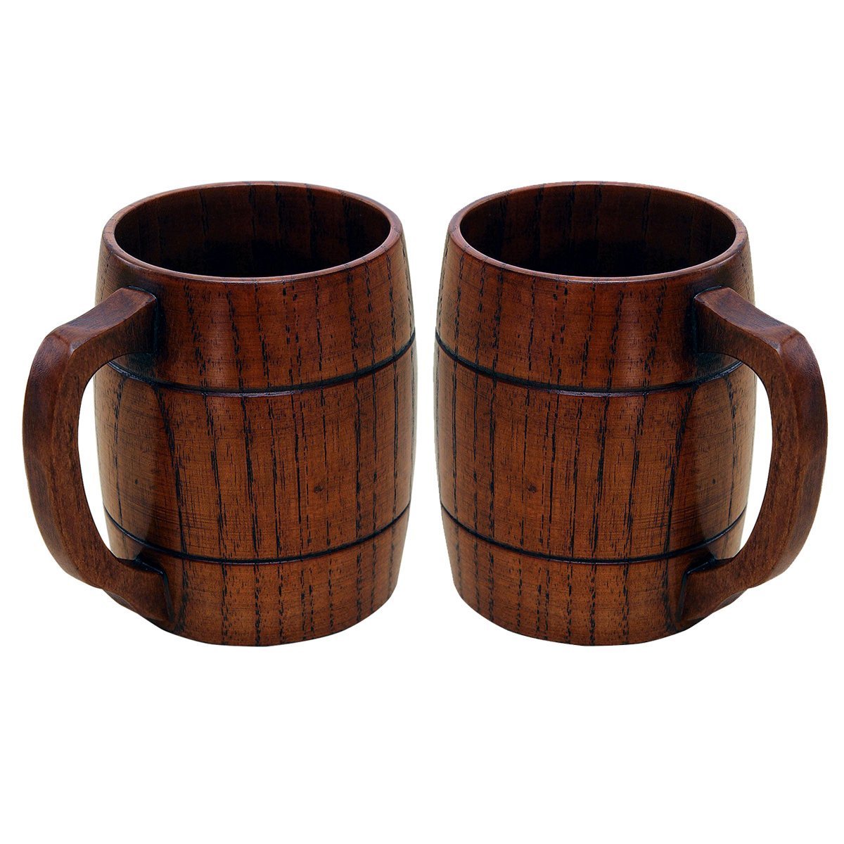 Lot de 2 tasses à bière en bois rétro avec poignée