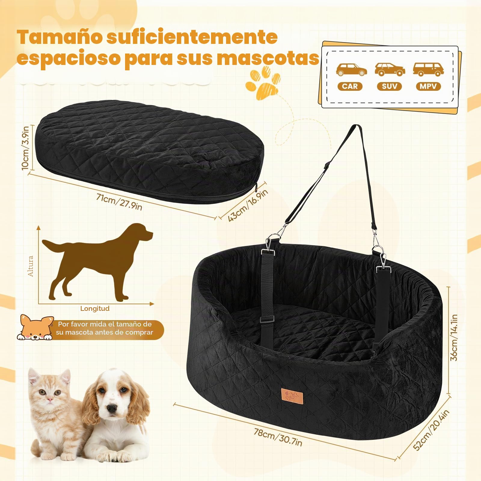 Asiento de Coche para Perros Medianos/Grandes, con Asiento Extraíble, Cuerda de Seguridad & Base Antideslizante y Funda Extraíble, Asiento de Coche para Perros (Redondos 78x52x36CM)