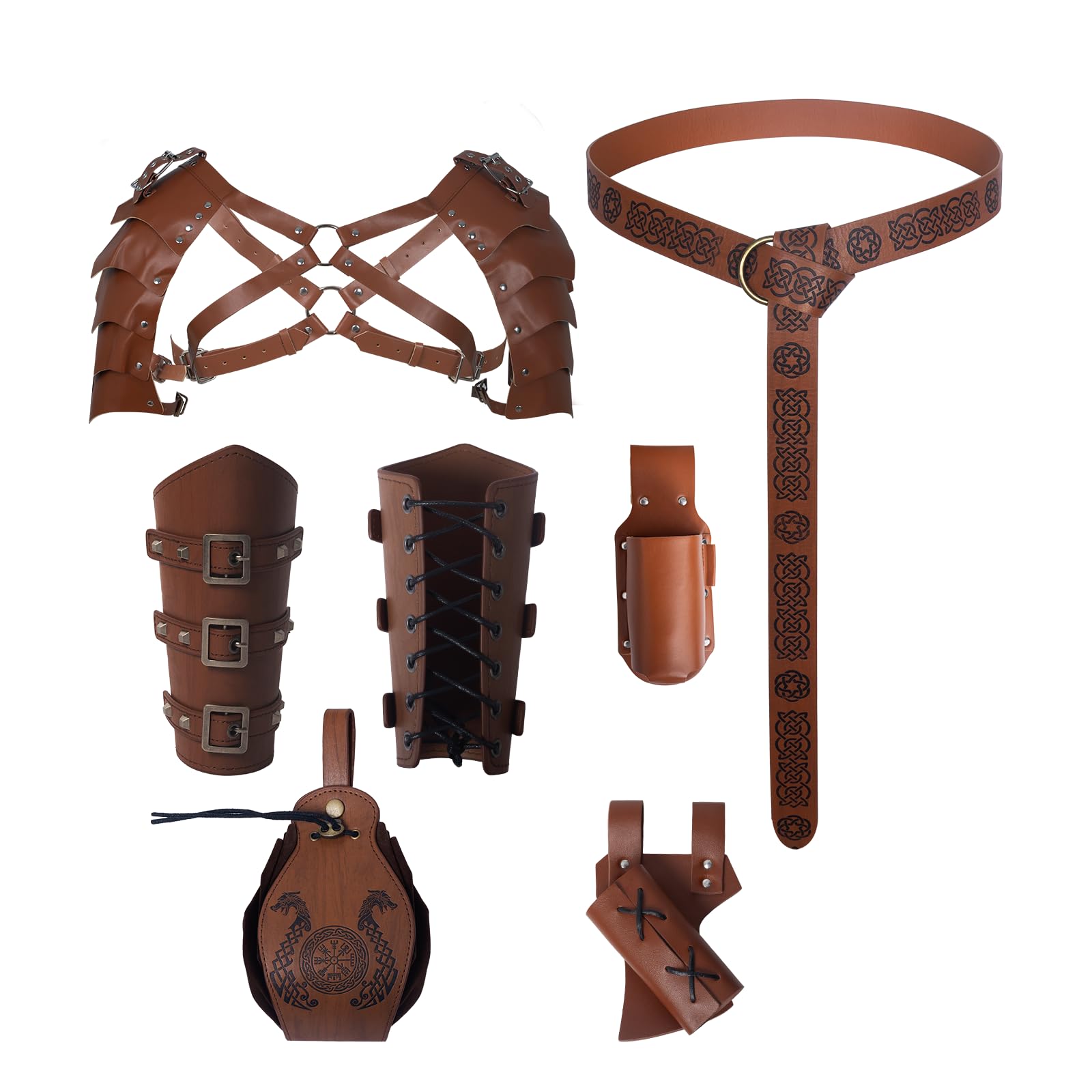 YRTBGD 6 stuks middeleeuwse kleding voor heren, accessoireset, Viking Renaissance ridderdecoratie met riem, armbeschermers, riemtas, schouderpantser voor Halloween en carnaval