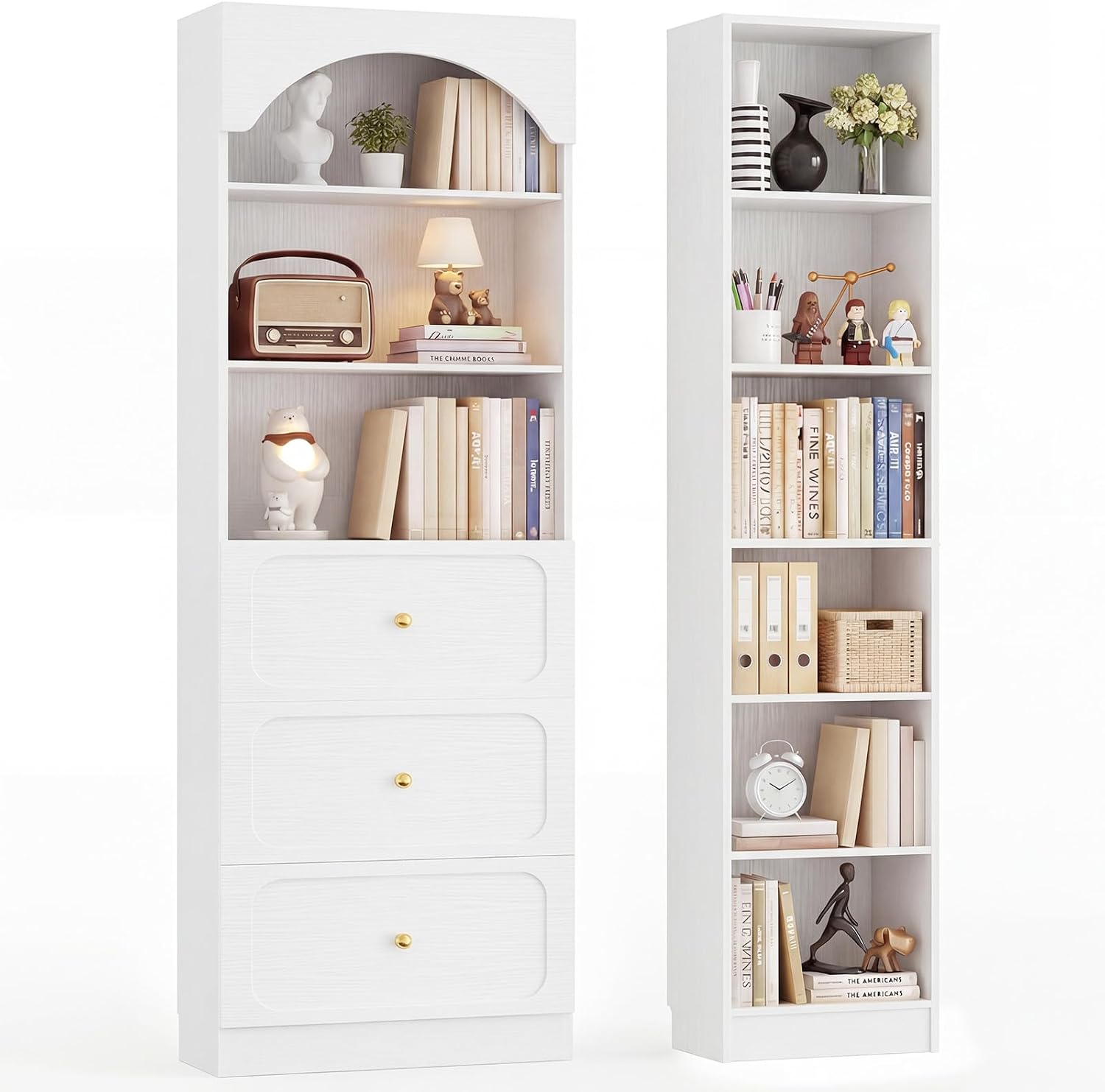 Cyclysio 80" Tall Bookshelf System with 3 Drawers, Arched Bookcase with 9-Tier Open Shelves, Wooden Pantry Storage Organizer with Baseboard Cutout for Living Room, Kitchen, Bathroom