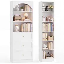 Cyclysio 80" Tall Bookshelf System with 3 Drawers and 9-Tier Open Shelves | Arched Bookcase with Baseboard Cutout, Wooden Pantry Storage Organizer for Living Room, Kitchen, Bathroom
