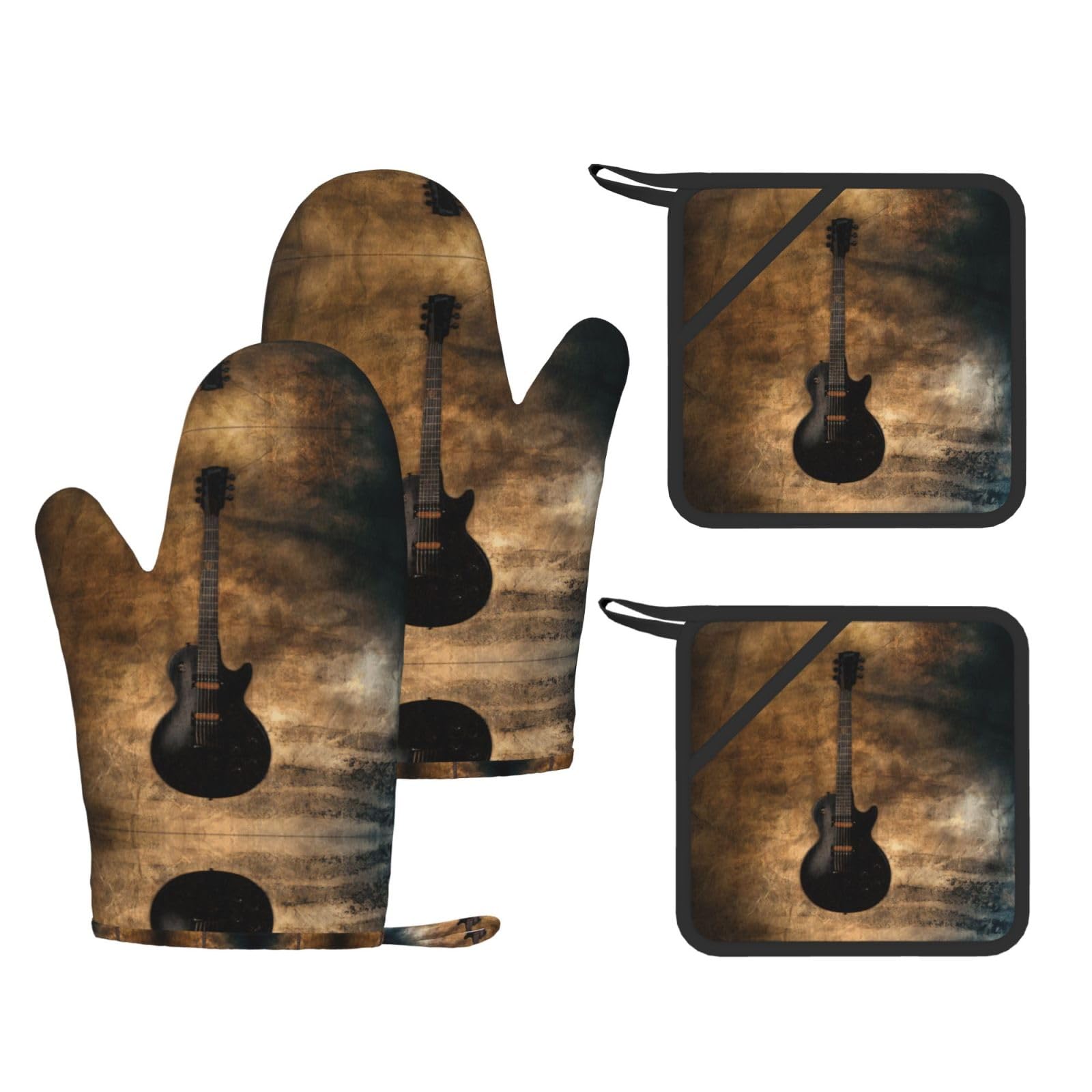 Musical Guitar Printed Potholder and Oven Mitt Set of 4, High Heat Resistant Cooking Gloves for BBQ Grilling
