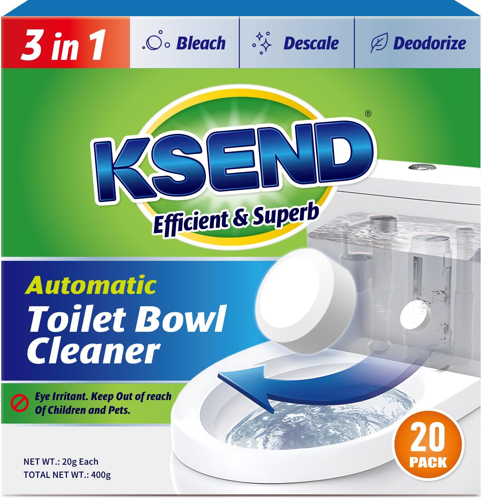 Ksend Toilet Bowl Cleaner Tablets - 20 PCS Automatic Bleach Toilet Cleaner Tablets, Slow-Releasing Deodorizing & Descaling, Powerful Bathroom Tank Cleaner