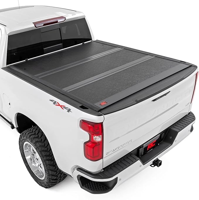 Rough Country Hard Tri-Fold Tonneau Cover for Chevy Silverado & GMC Sierra 1500 (2019-2025) - Low-Profile Aluminum Truck Bed Cover, Fits 5'10 Bed (69.9")