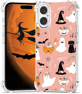 Autumn Fall Pumpkin Case for iPhone 16 Girls, Trendy TPU Bumper Halloween Funny Ghost Women Cover Kids Phone Case for iPhone 16 Pink