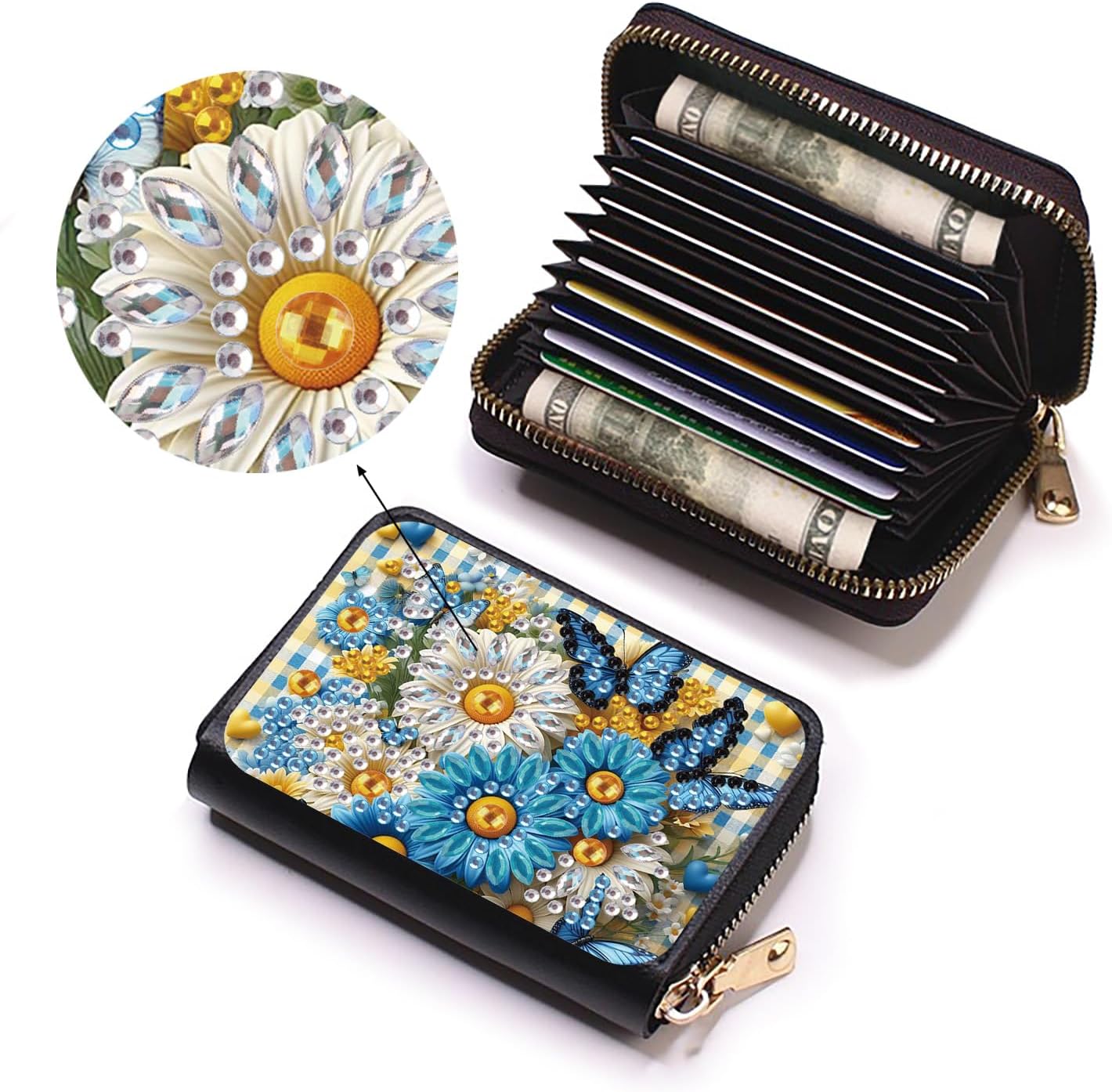 4pcs Cat Flower Butterfly Pattern Diamond Art Painting Minimalist Wallet DIY Rhinestone Painting Art Kit Credits card Pocket Organizer Storage Bag Handmade Craft Gift for Holidays and Everyday Use