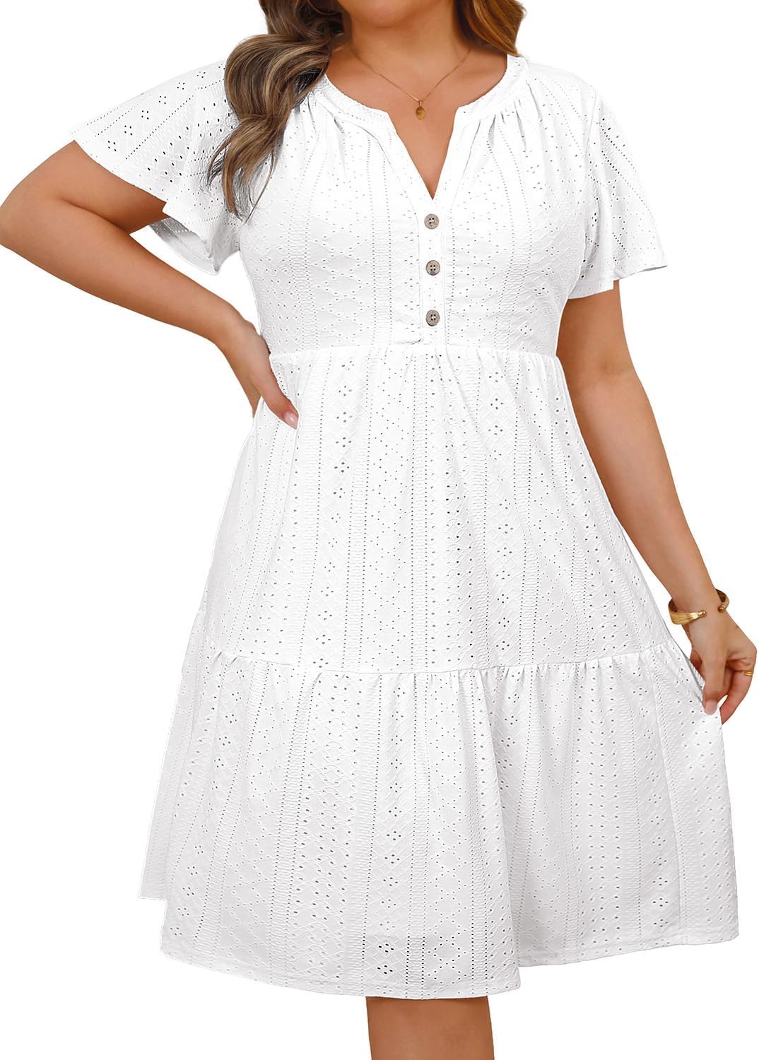 Plus Size Summer Dress - Casual Sundress Beach Short Sleeve V Neck Tiered Button Up Boho Midi Flowy Sun Dresses Women - Image 2