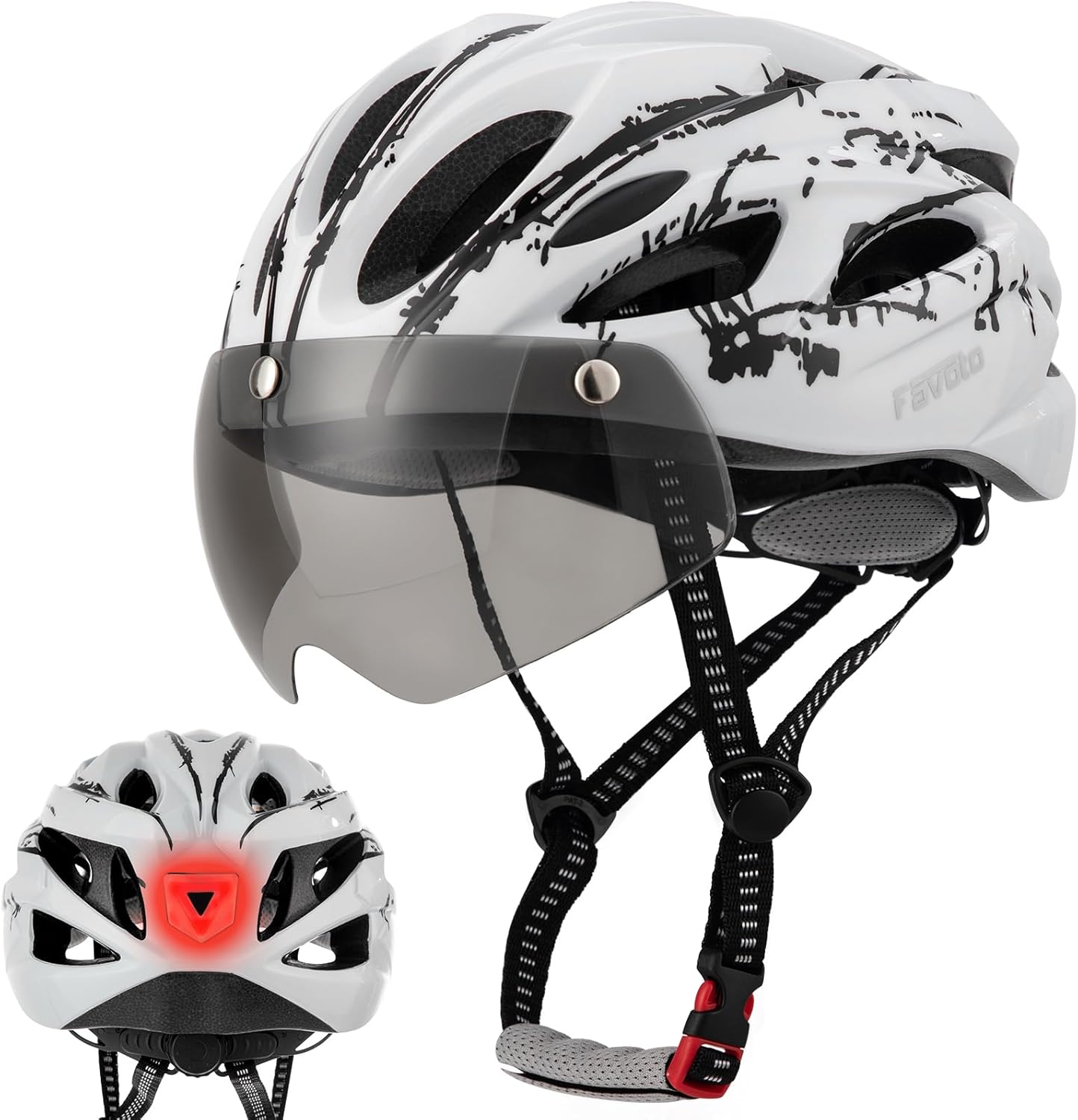 Favoto Bike Helmet Adult - Bicycle Helmet for Men Women Lightweight Cycling Helmets with Led Light Detachable Magnetic Goggles, Breathable Road Bike Mountain Ebike Helmets Adjustable Dial Fit