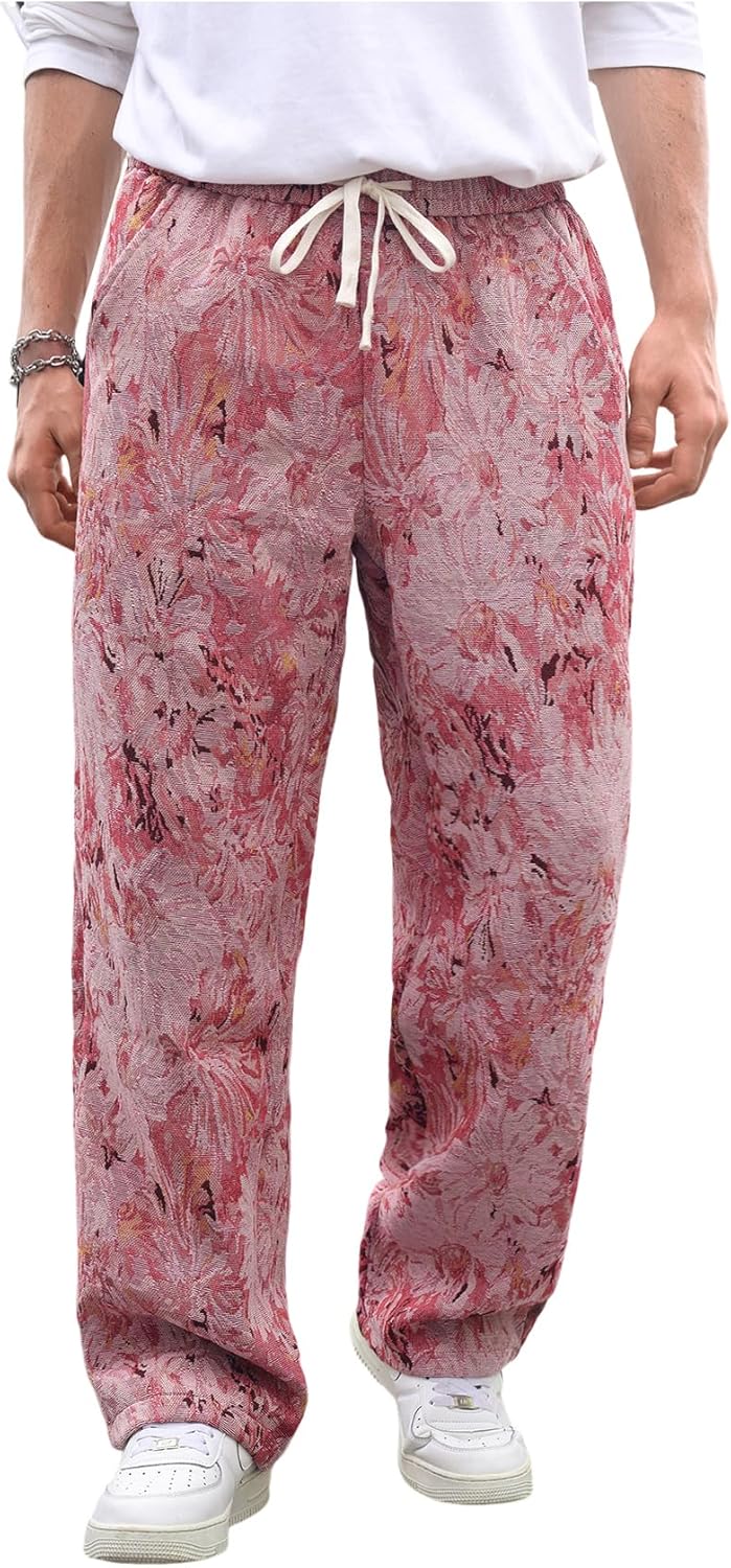 Men's Floral Pants Vintage Boho Pant Hippie Drawstring Waist Vacation Straight Leg Trousers with Pockets Streetwear