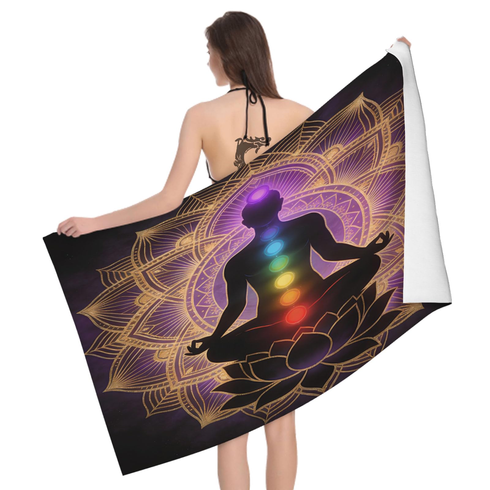 Leichong 3D Chakras Beach Towel Microfiber Soft Quick Dry for Adults, Mysterious Style Bath Towel Lightweight Soft Absorbent for Travel Swimming Pool Sports, 75 x 150 cm