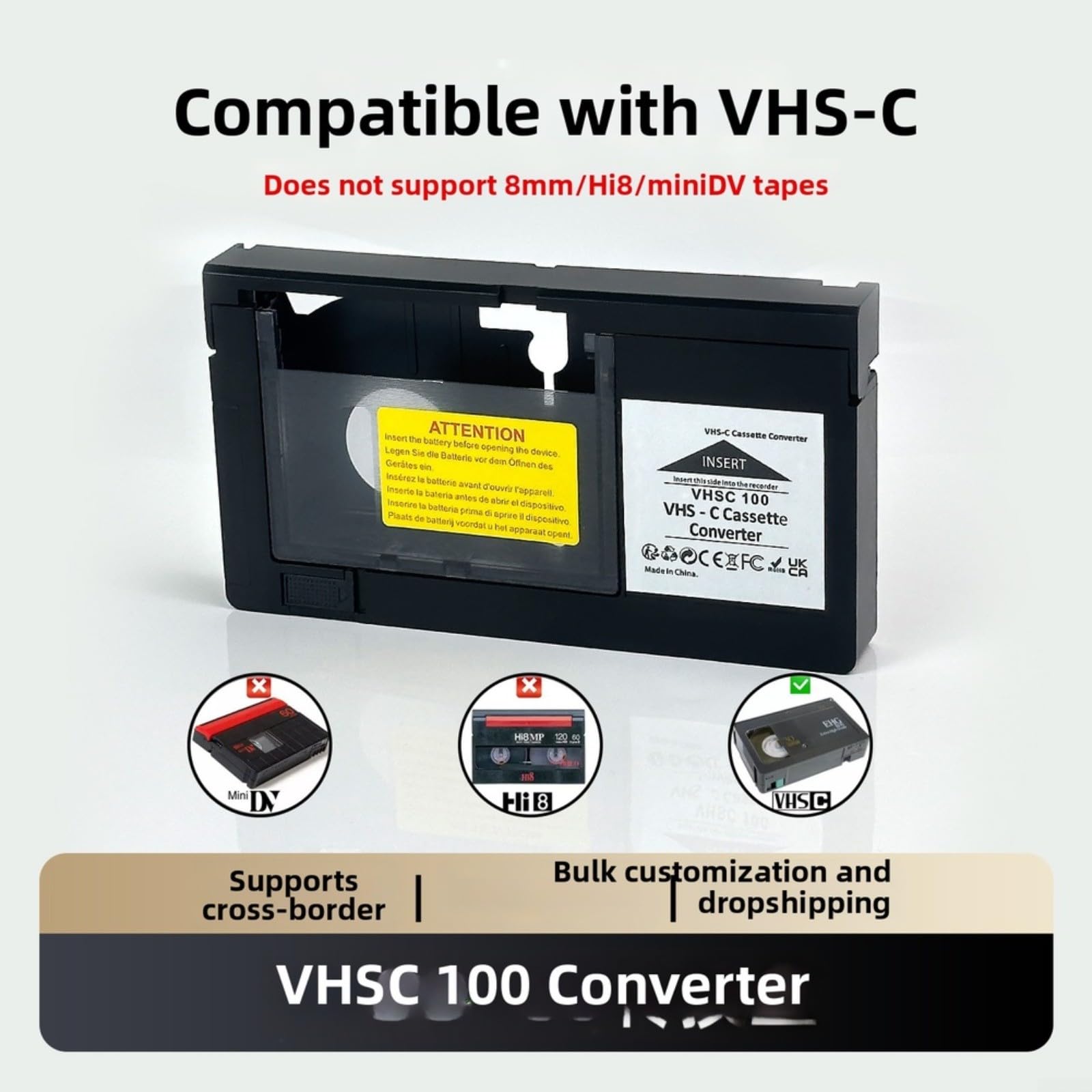 Para VHS-C a adaptador VHS, funciona con pilas, convertidor de casete para VHS-C a para grabadora de vídeo VHS, adaptador de conversión compacto para reproducir fácilmente viejas grabaciones de