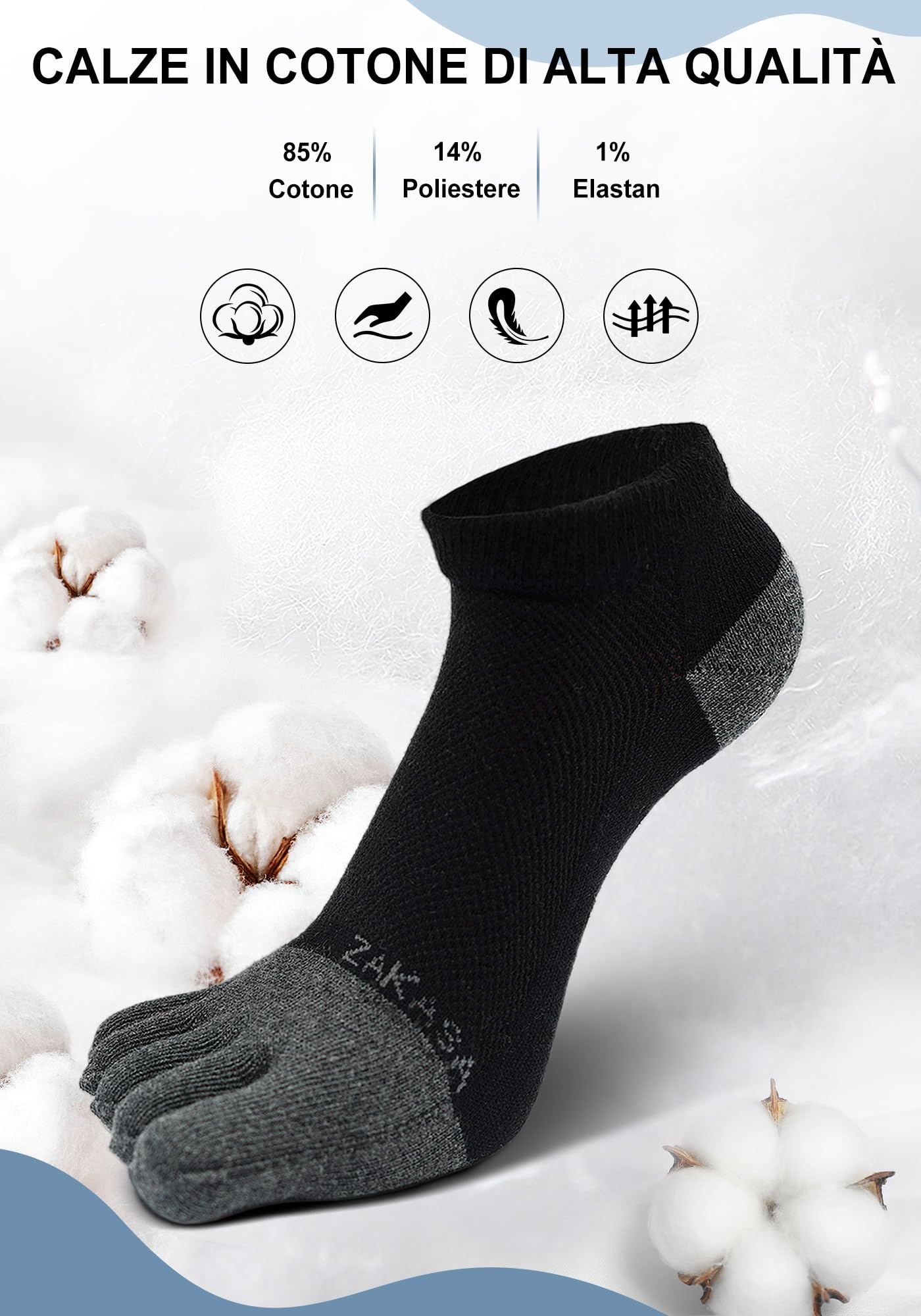 ZAKASA Calze Con Dita Uomo Sportivi: Cotone Calzini con Cinque Dita Calzino Corti 5 Dita Separate Traspiranti calzetti Five Finger per Running Fitness Sport 5 Paia