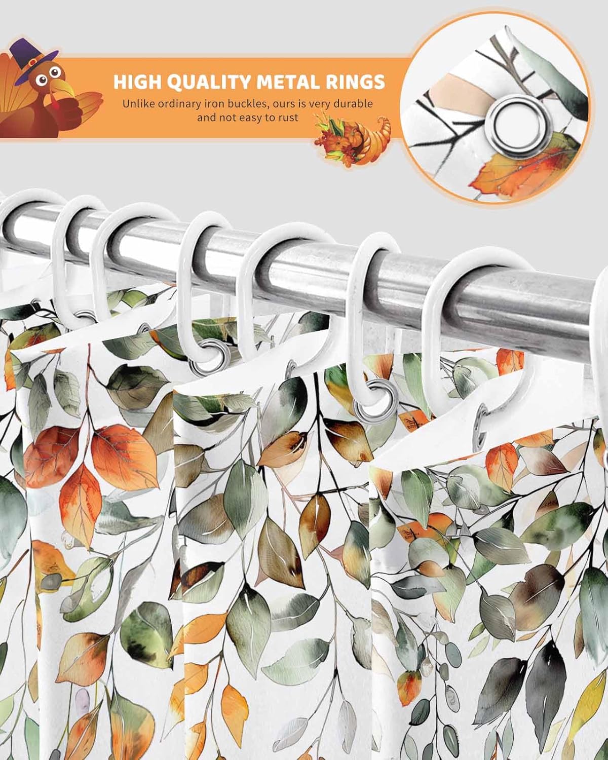 Fall Shower Curtain Sage Green Pumpkin Bathroom Curtains with Hooks, Waterproof Polyester Fabric Autumn Maple Leaves Harvest Thanksgiving Shower Curtains Set for Bathroom Bathtubs Holiday Decor 66x72