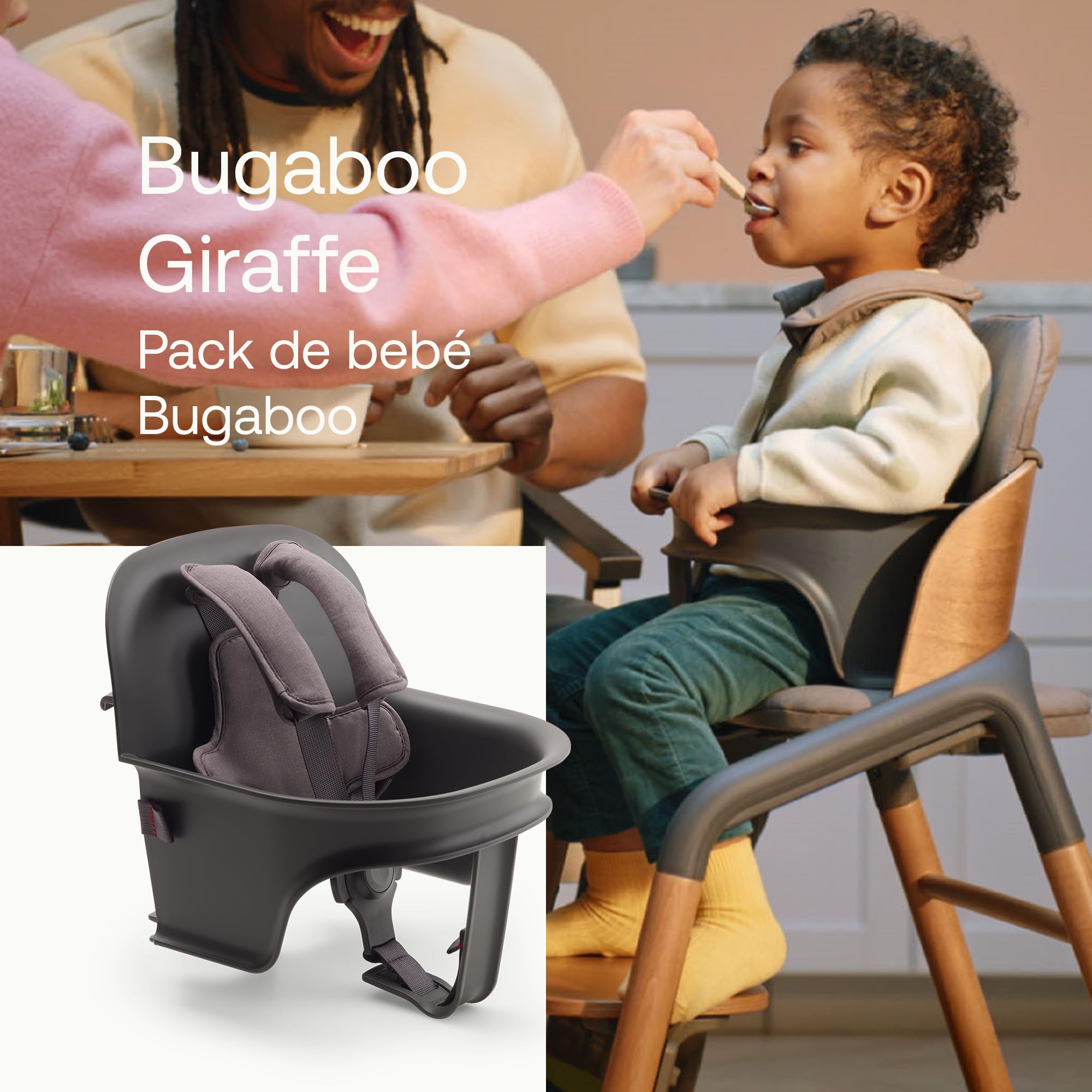 Bugaboo Giraffe Pack Bebé para Trona Bugaboo Giraffe, para Bebés de 6 a 36 Meses, Asiento y Arnés de Seguridad de 5 puntos, Ajustable con una Mano, Hecho con Plástico Biológico, Gris