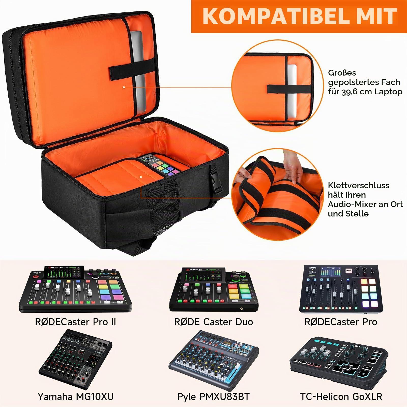 Reisetasche für Audio-Mixer, passend für Rodecaster Pro II, Rodecaster Pro, RC Duo, Yamaha MG10XU, TC-Helicon GoXLR, Podcast-DJ-Mixer-Rucksack mit mehreren Taschen für Mikrofone, Kabel