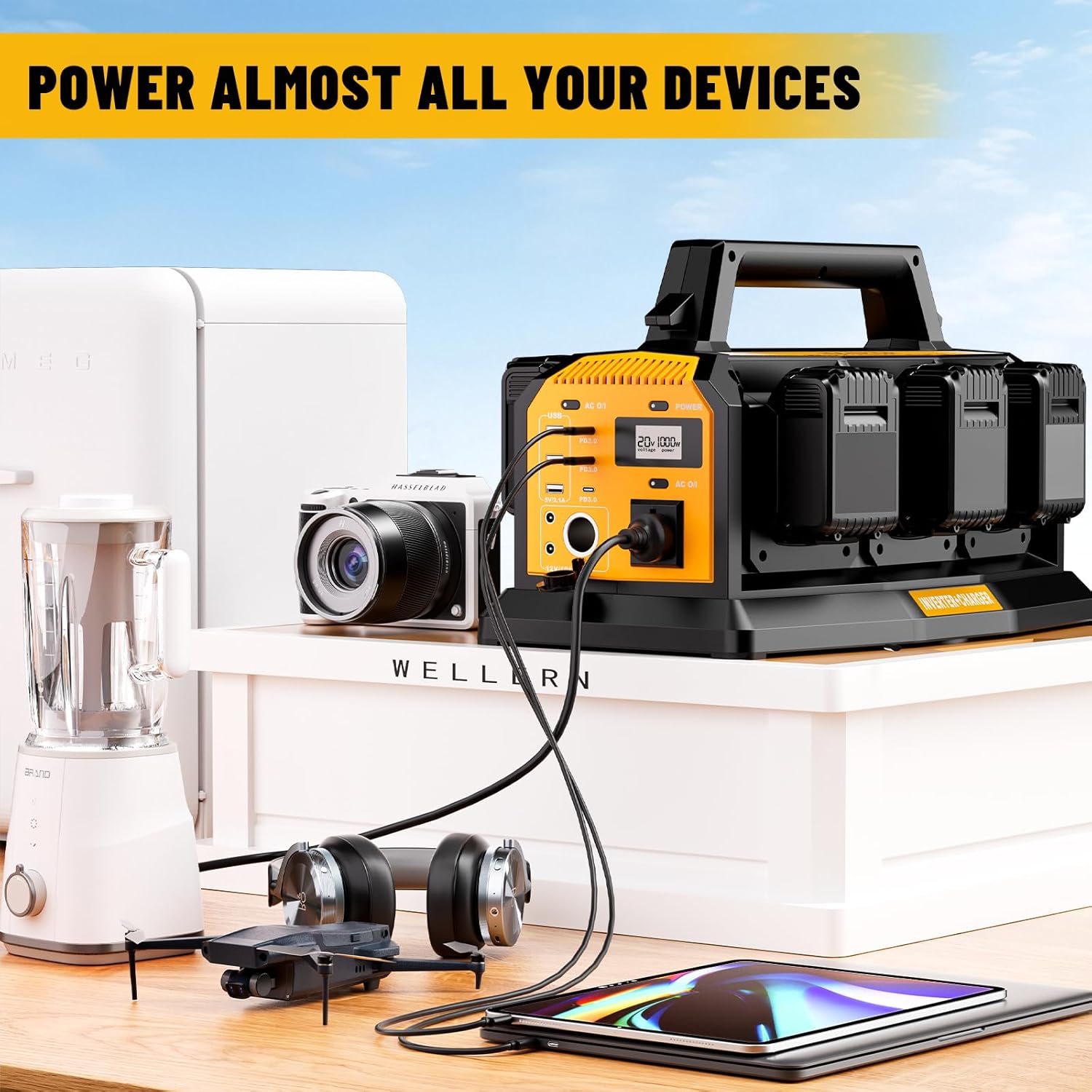 Hipoke 1000W Power Inverter being used in various outdoor settings like camping, hiking, construction, and fishing