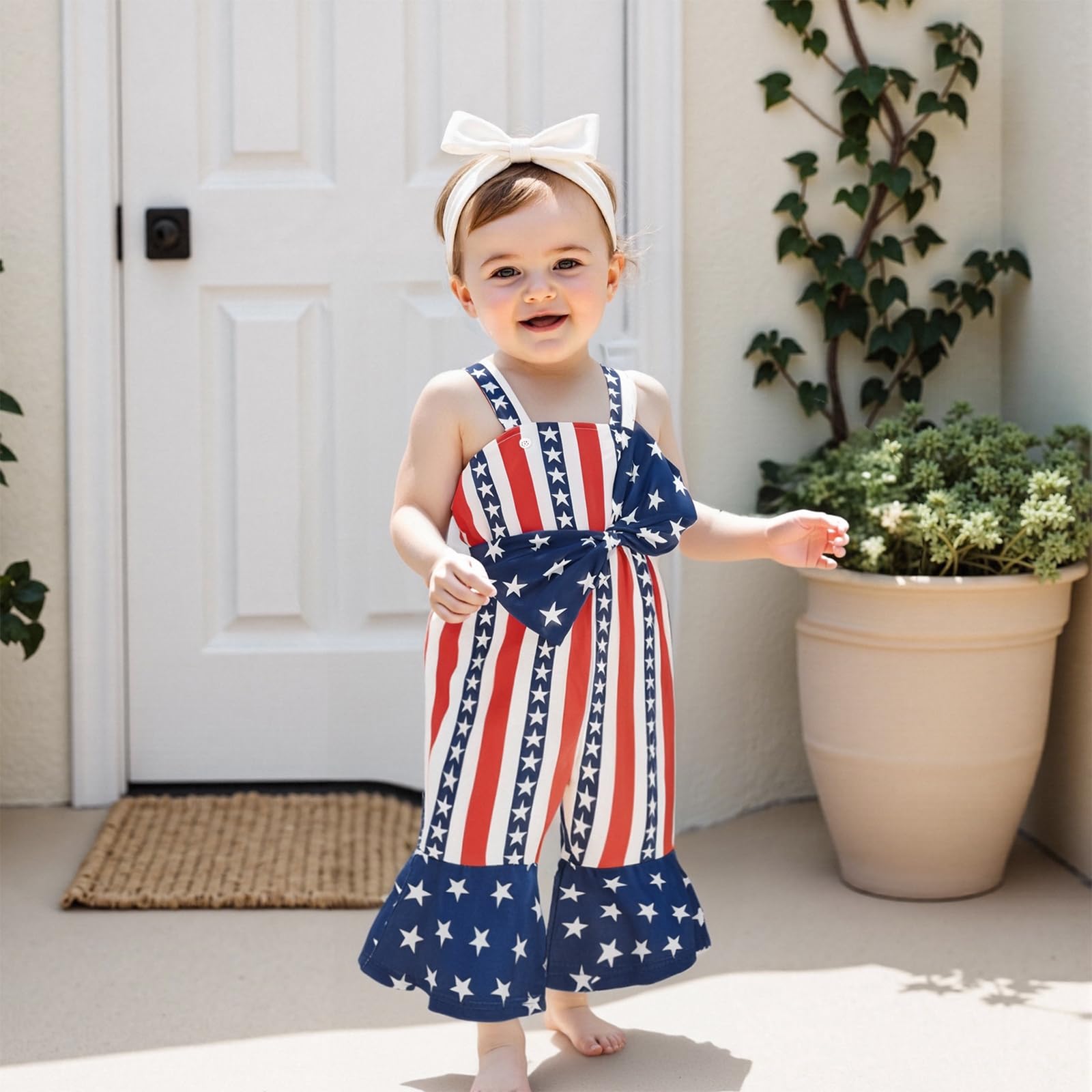 LAGKIYOJ 4th of July Toddler Girl Outfit Patriotic Star Striped Print Romper suspender pants Sumemr Baby Girl Clothes (Blue, 3-4 Years)