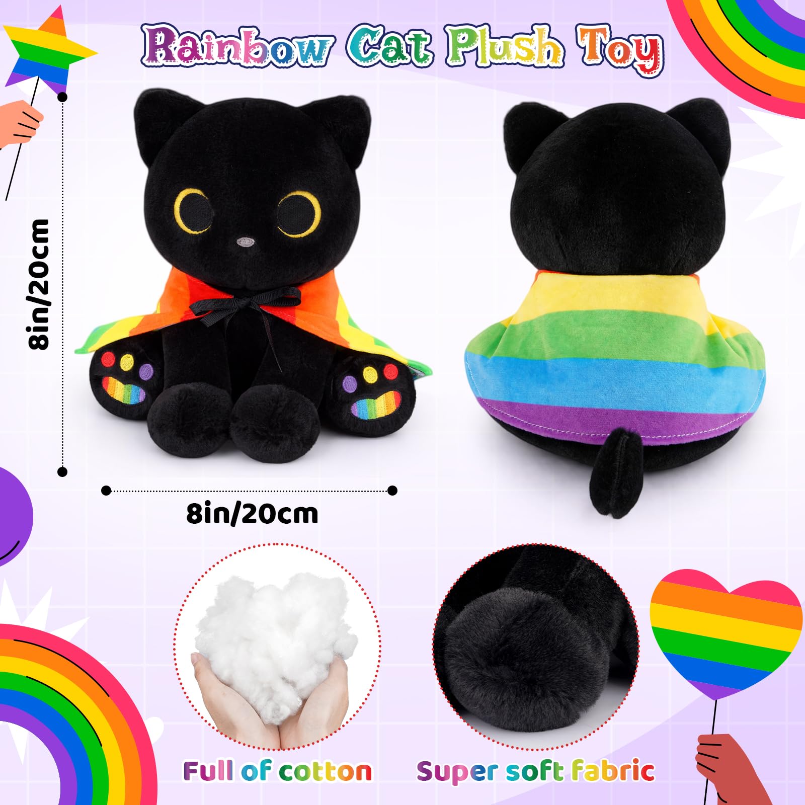Gatto nero peluche Pride Month Gifts Decor, 20,3 cm carino gatto farcito animale con mantello arcobaleno rimovibile, abbracciabile Kawaii LGBTQ+ regalo per amici, amanti e alleati