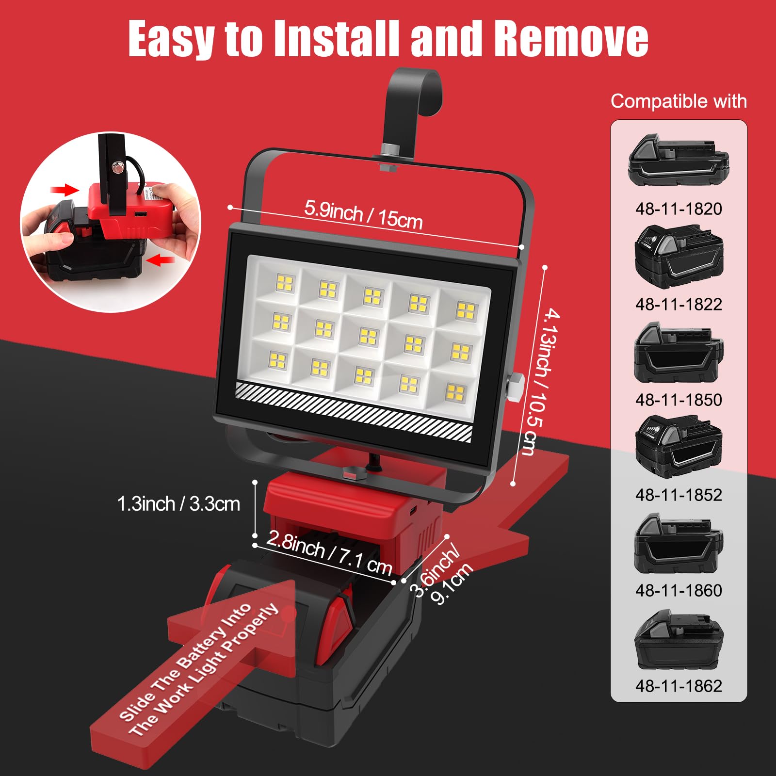 Proyector LED recargable de 60 W, 4500 lm, para batería Milwaukee 18 V