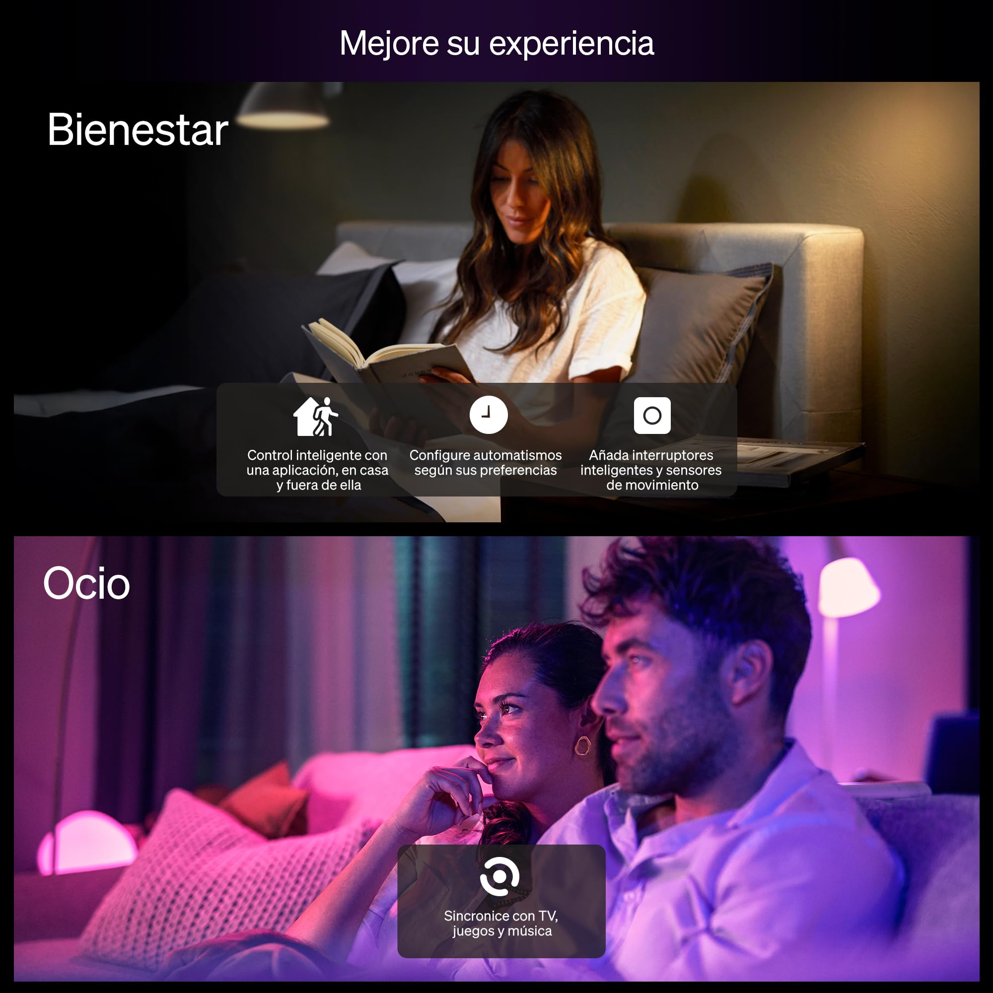 Hue Essentials Kit Inicio: Hue Bridge + 4 bombillas led inteligentes E27, Luz Blanca y Colores, regulable 2200-6500 K, compatible con Alexa, Google Assistant, Samsung SmartThings y Apple Home