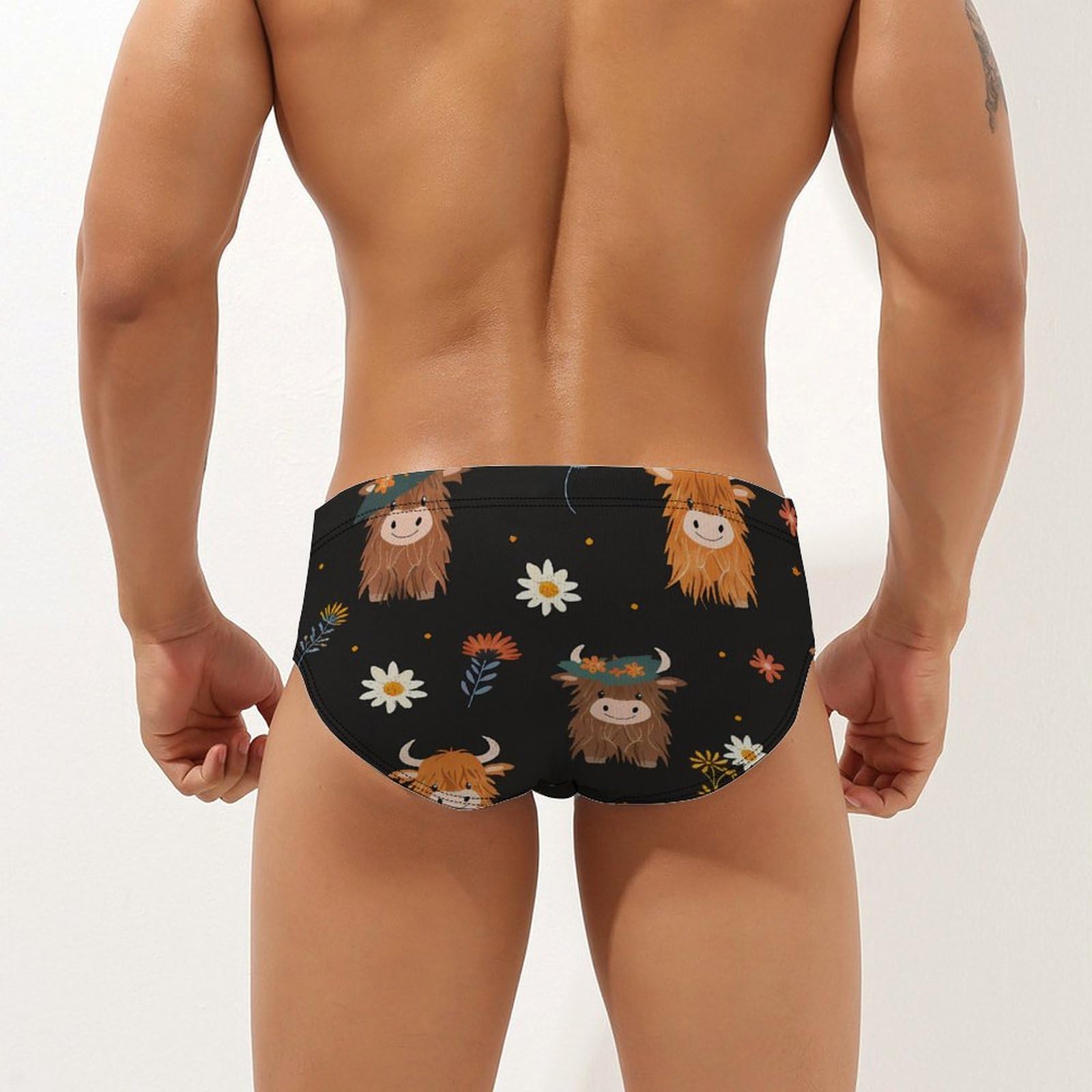 Highland Cow Floral Mens Swim Briefs Bikini Swimwear Print Beach Shorts Sexy Swimsuit M