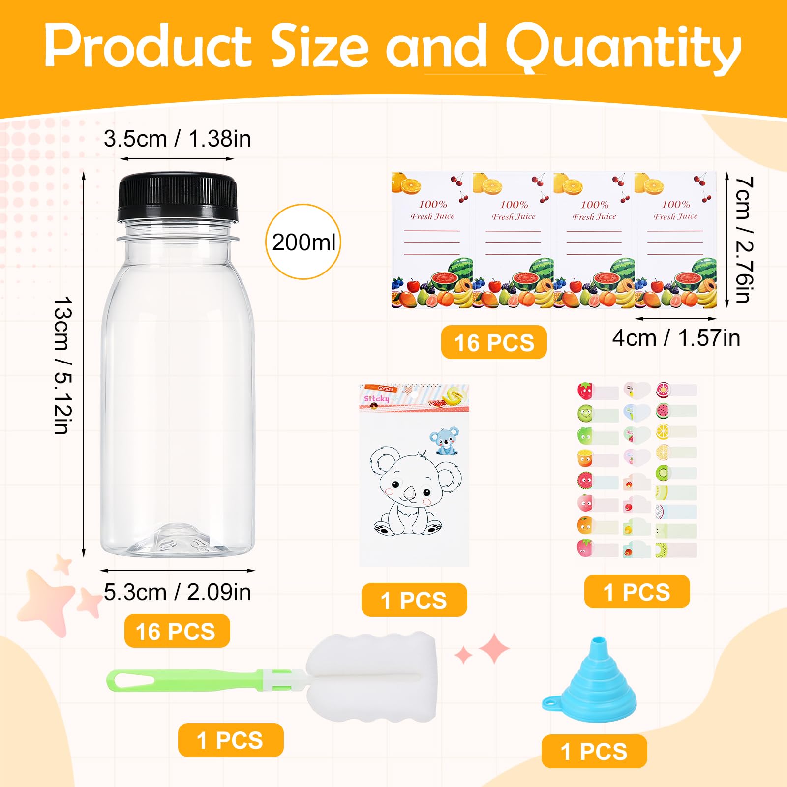 Lot de 16 bouteilles vides réutilisables de 200 ml - En plastique - Avec couvercles - Bouteilles de lait transparentes avec 5 autocollants à fruits - Bouteilles vides en plastique à remplir pour