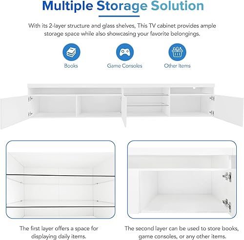 Miniatura 59 de Merax Moderno soporte de TV con patas de metal, asas doradas, líneas geométricas y estantes ajustables para televisores de hasta 80 pulgadas, mesa