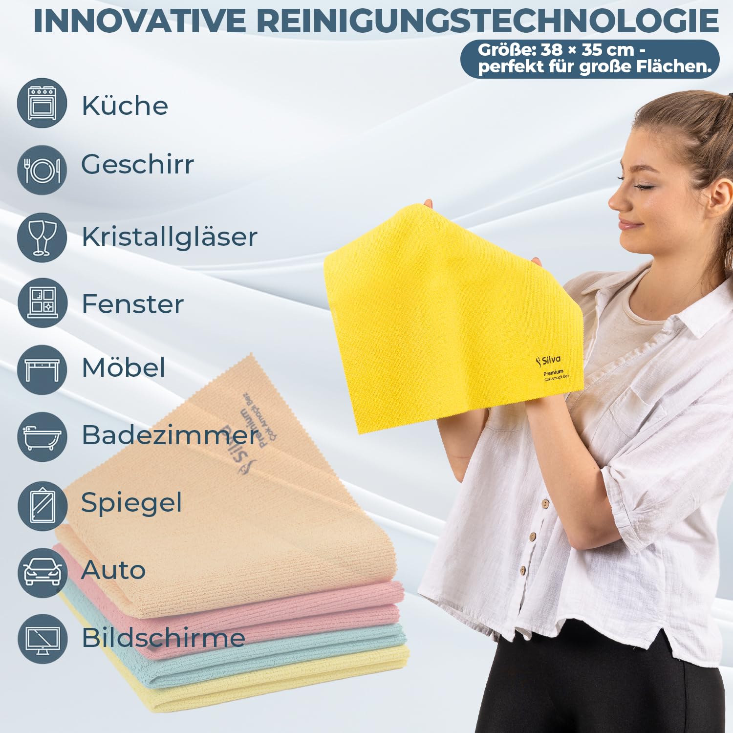Silva Mikrofasertücher 38x35 cm – 12er Set Mix Farben – Fusselfrei, kratzfrei & saugfähig – Waschbare & Wiederverwendbare Allzwecktücher für Küche, Bad, Fenster, Glas, Möbel & Auto – Bunt & langlebig