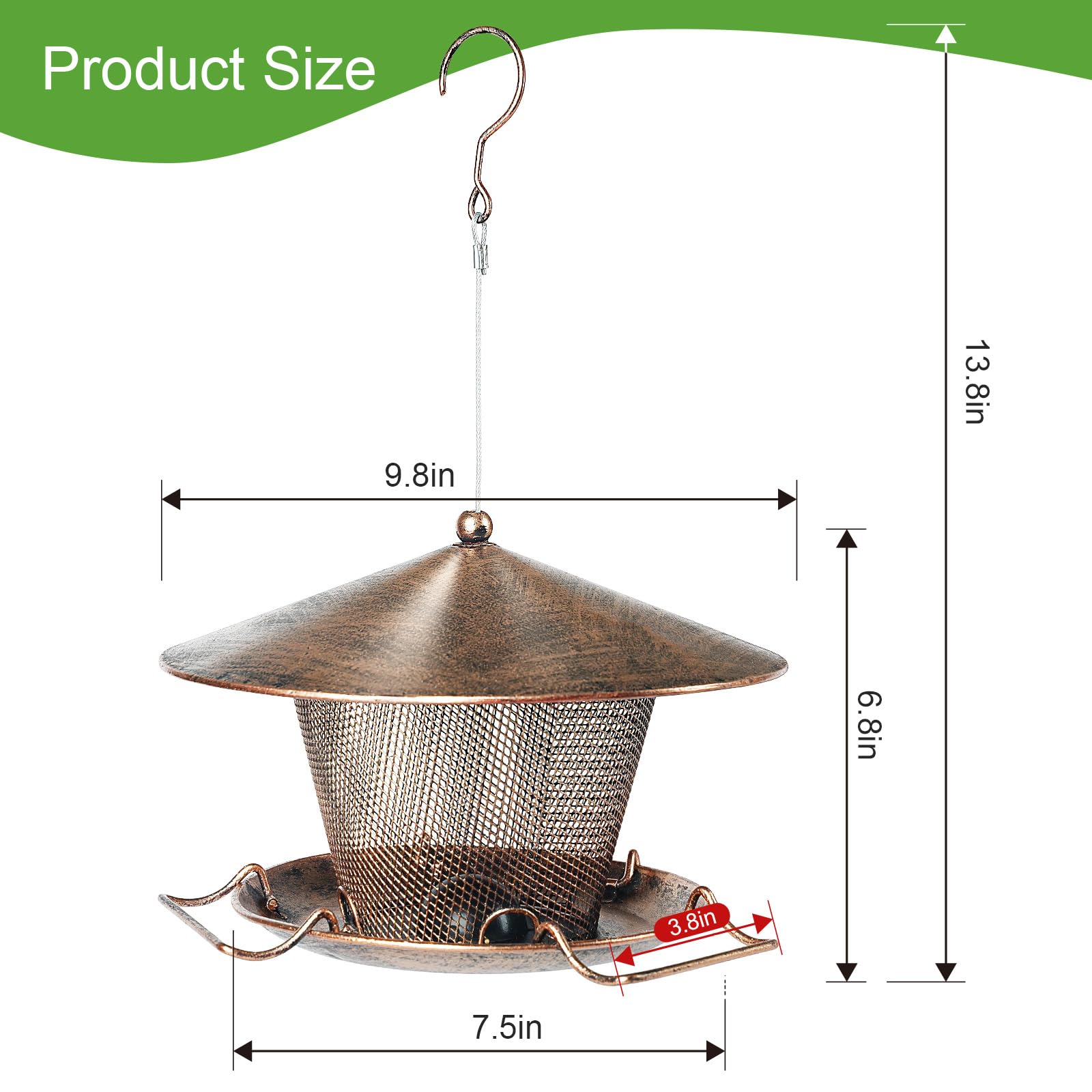 Samhe Bird Feeder for Outdoor, Rainproof Weatherproof Metal Hanging Wild Bird Feeder with 9.8" Roof 3 LBs Seeds Capacity, Easy to Clean & Refill - image 2