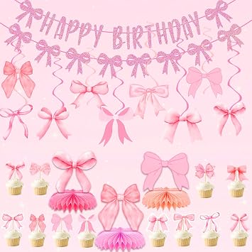 25 Pcs Coquette Birthday Decorations, Pink Bow Party Supplies Set, Pink Bow Party Hanging Swirls and Honeycomb Centerpieces, Coquette Banner and Cupcake Toppers for Bachelorette Engagement Wedding