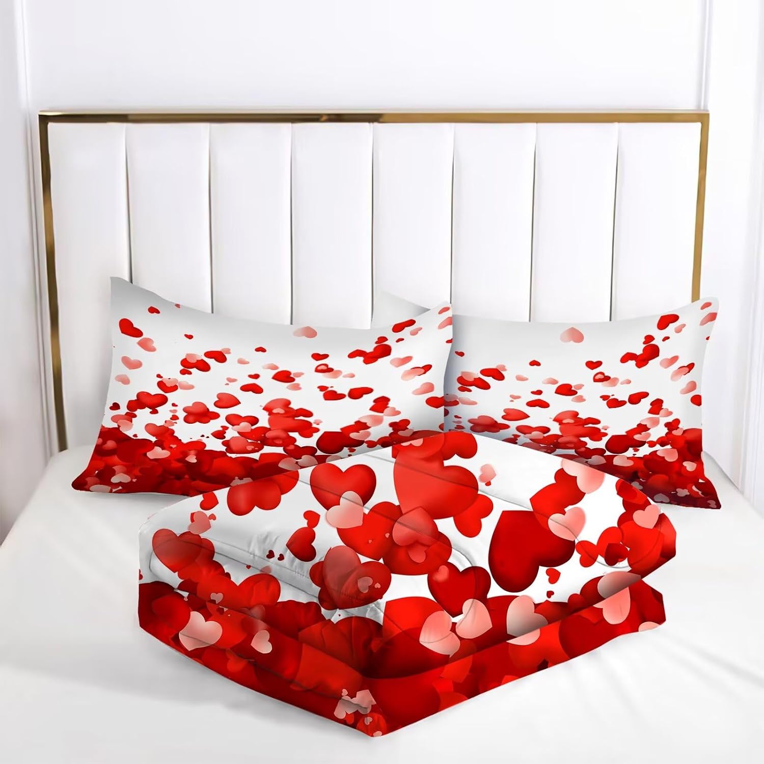 kxry Red Heart Comforter Sets, Cute Heart Pattern Bedding Set, Love Quilt for Girls Women, Pink Heart Romantic Soft Comforter, Twin Size, 2 Pcs with 1 Comforter and 1 Pillowcase