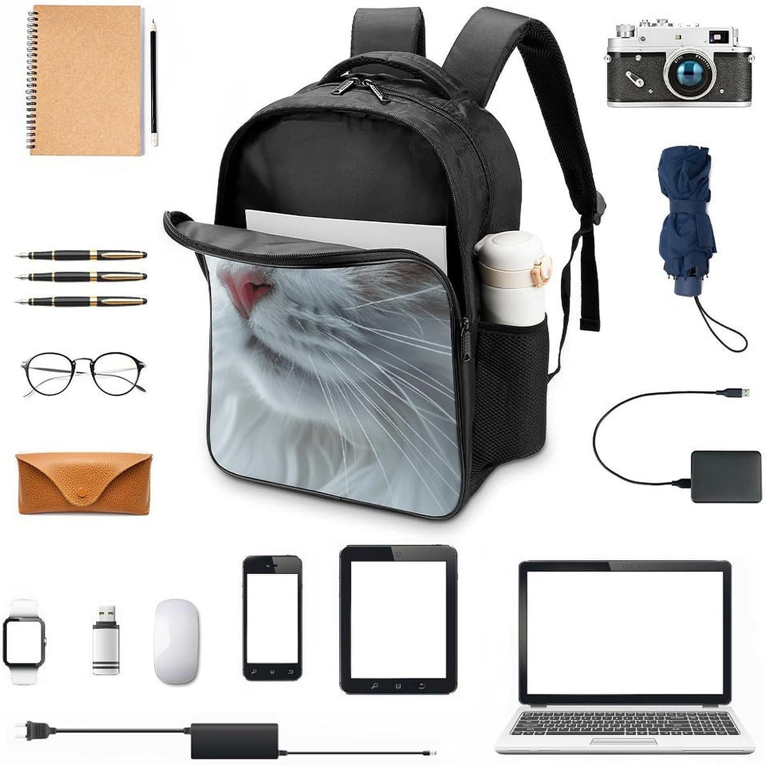 Blue Eyes Cat Laptop Backpack,16 Inch Fashion Travel Backpacks Shoulder Bag, Crossbody Bag for Work