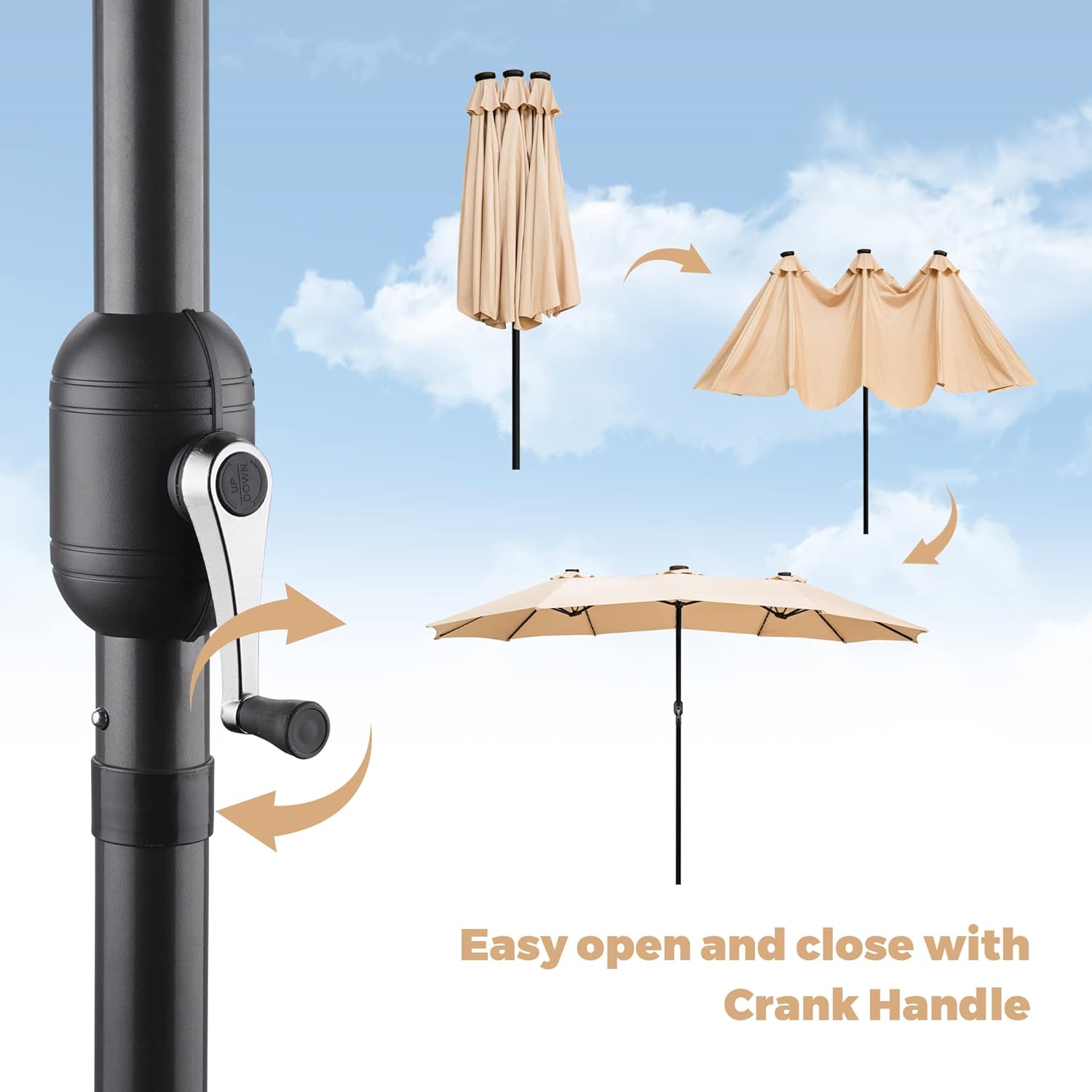 Saemoza 15FT Double-Sided Patio Umbrella, Outdoor Extra Large Umbrella with Crank, Market Table Umbrella with 48 LED Lights for Pool Lawn Garden (Khaki)