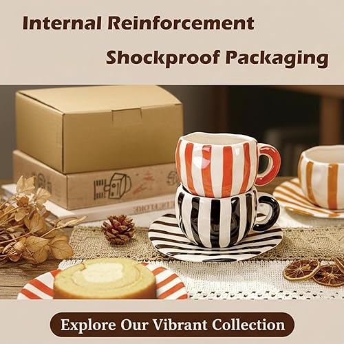 Miniatura 6 de Tazas de café retro grandes de capuchino, 12 oz/12.2 fl oz con rayas blancas y negras, taza de té y platillos, juego de tazas de cerámica para café,