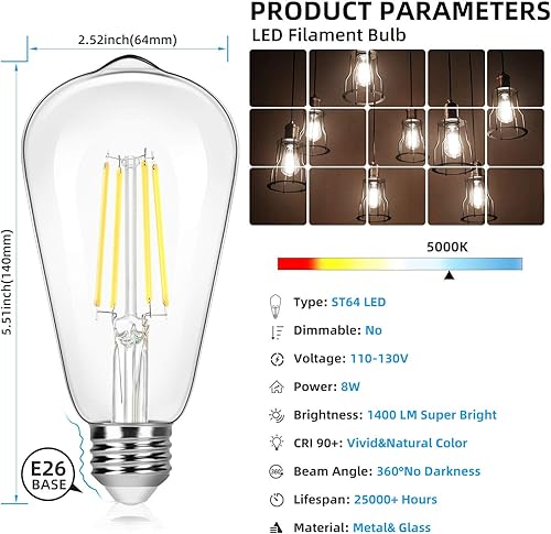 Miniatura 2 de Paquete de 4 bombillas LED Edison vintage ST64 de 8 W, equivalente a 100 W, 1400 lúmenes, luz blanca diurna de 5000 K, bombillas de filamento LED de